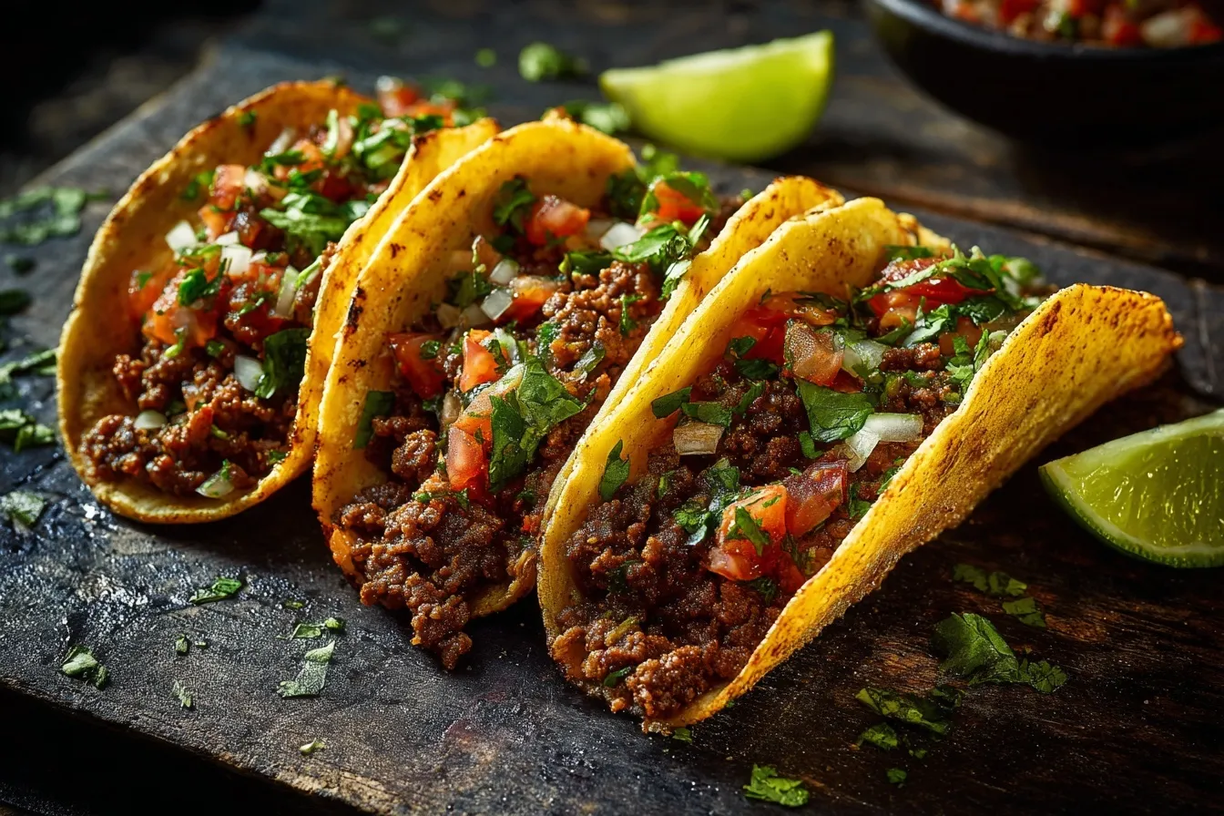 Close-up professional food photography of a gourmet ground beef taco with fresh toppings on a rustic kitchen table.