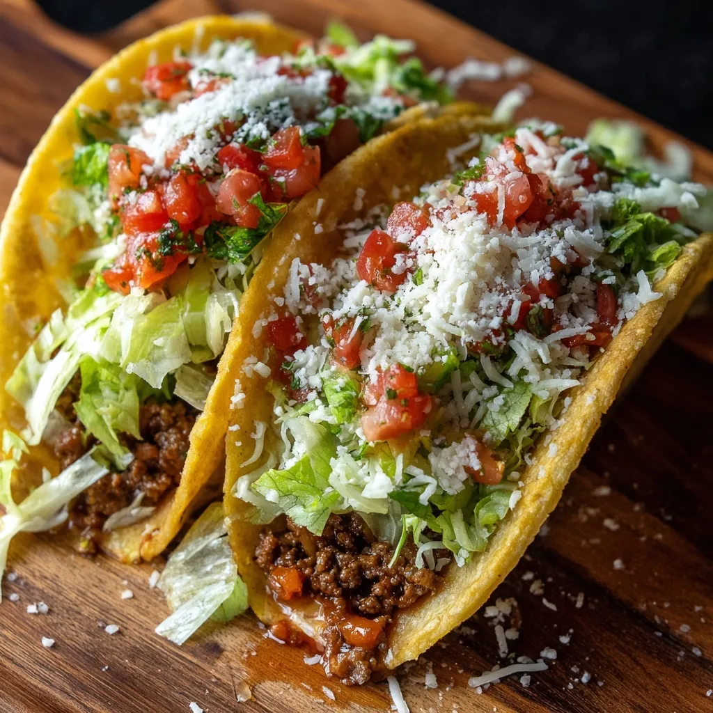 Two ground sirloin tacos on corn tortillas with shredded lettuce, pico de gallo, and white jack cheese.