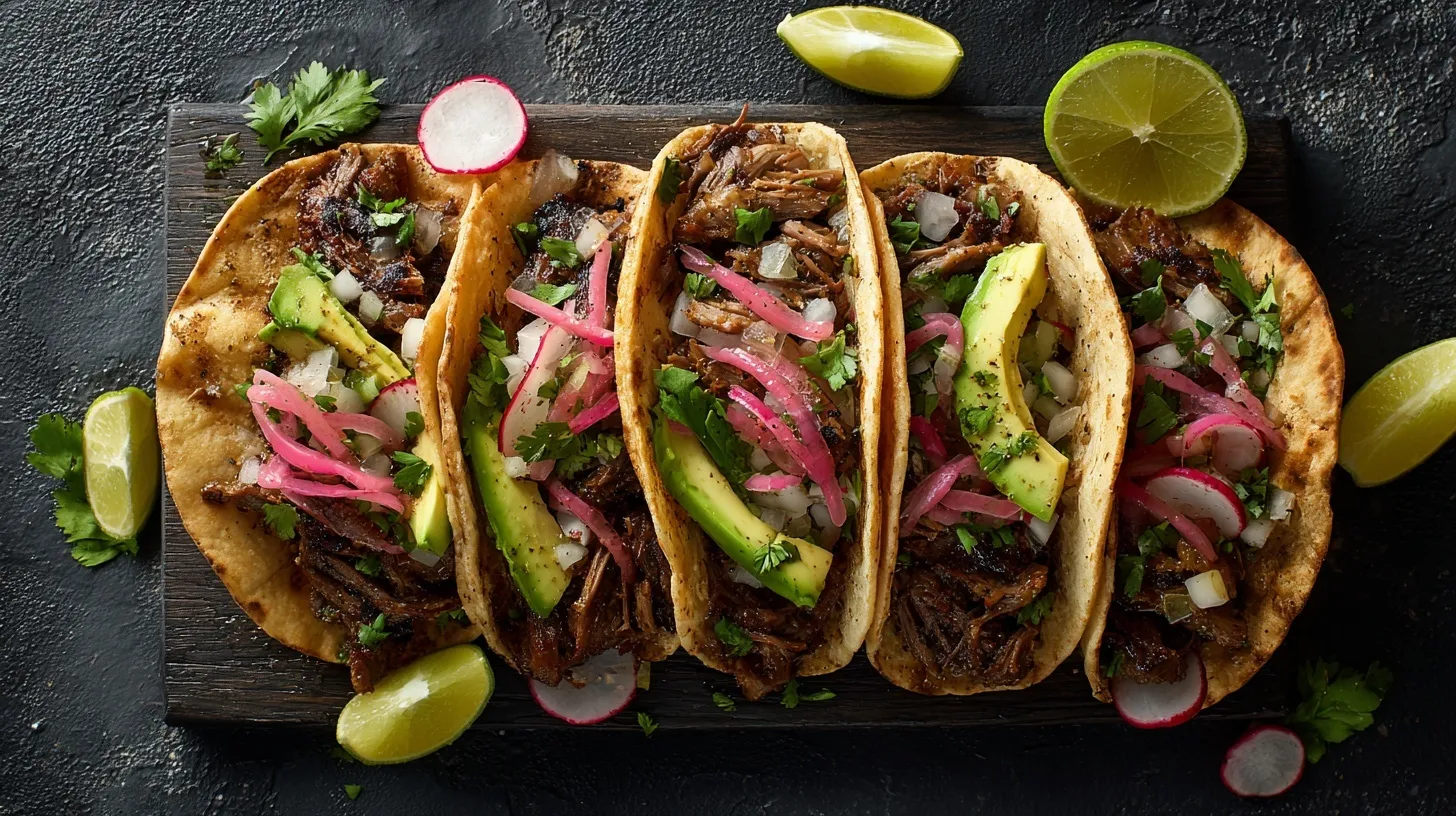 Mexican street tacos with pork carnitas and avocado slices, shot from a 45-degree angle with fresh ingredients.