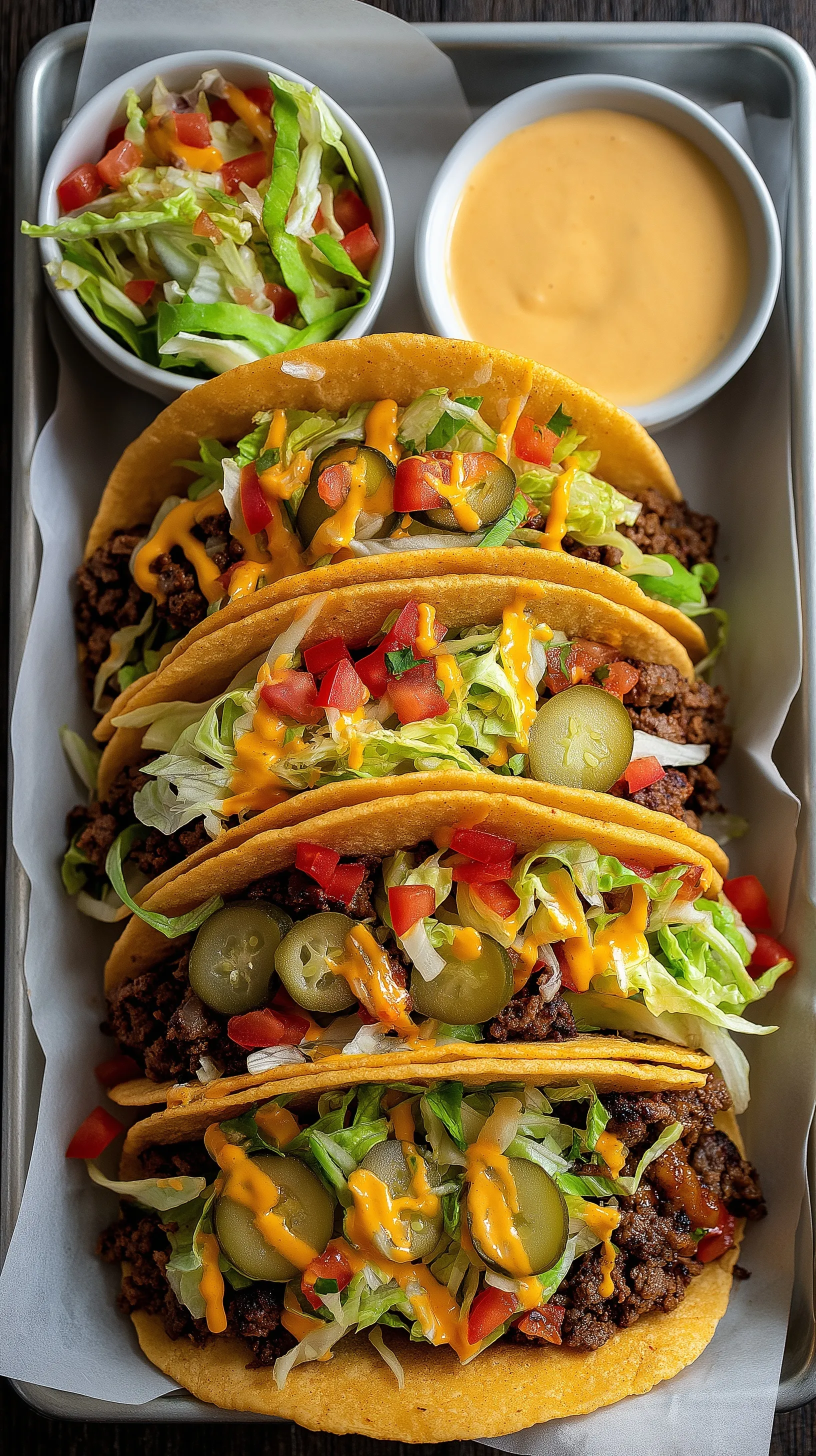 Top-down view of gourmet cheeseburger tacos with melted cheddar, pickles, and lettuce on a parchment-lined tray.