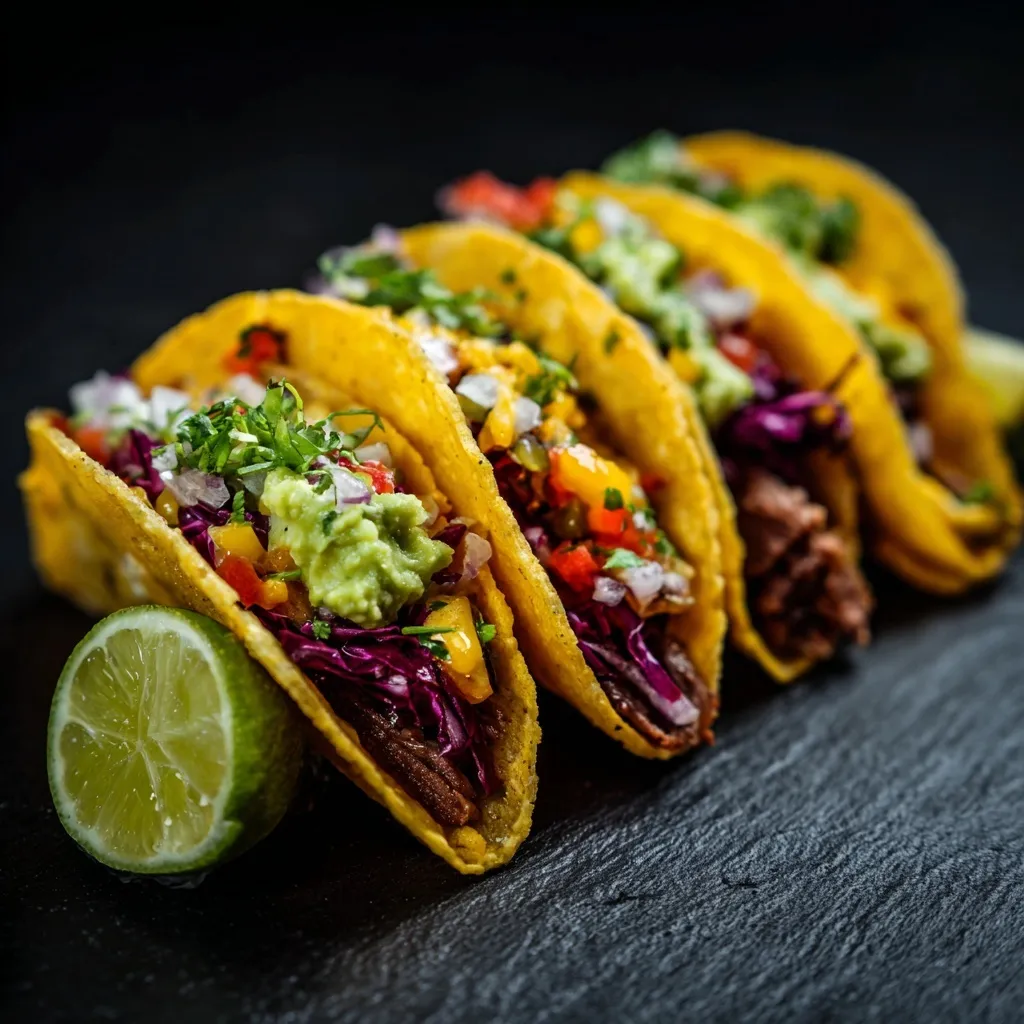 A delicious gourmet taco served on a rustic plate with fresh cilantro, onions, and lime on a wooden background.