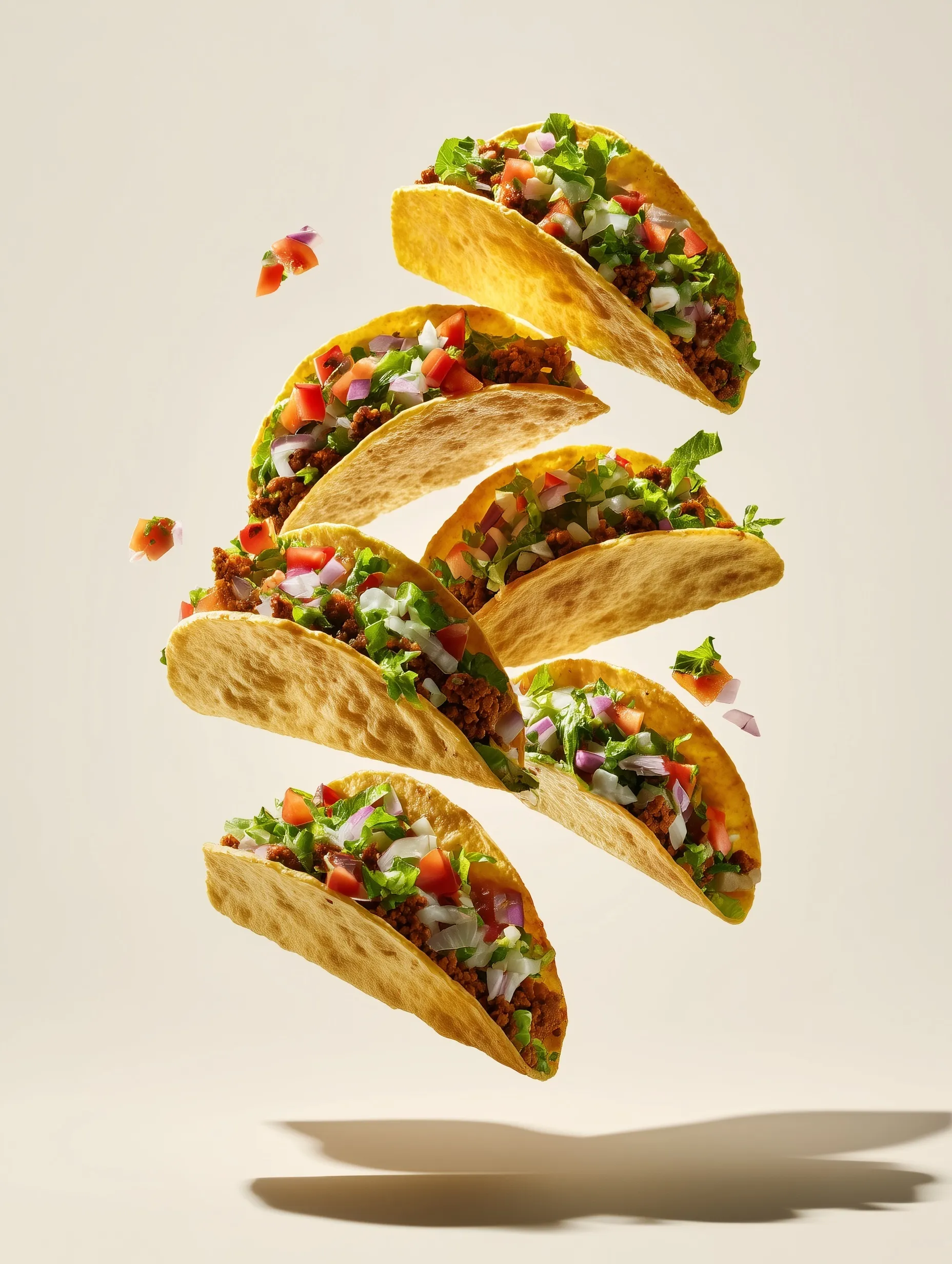 Minimalist studio photo of delicious tacos floating in mid-air against a clean, white background.