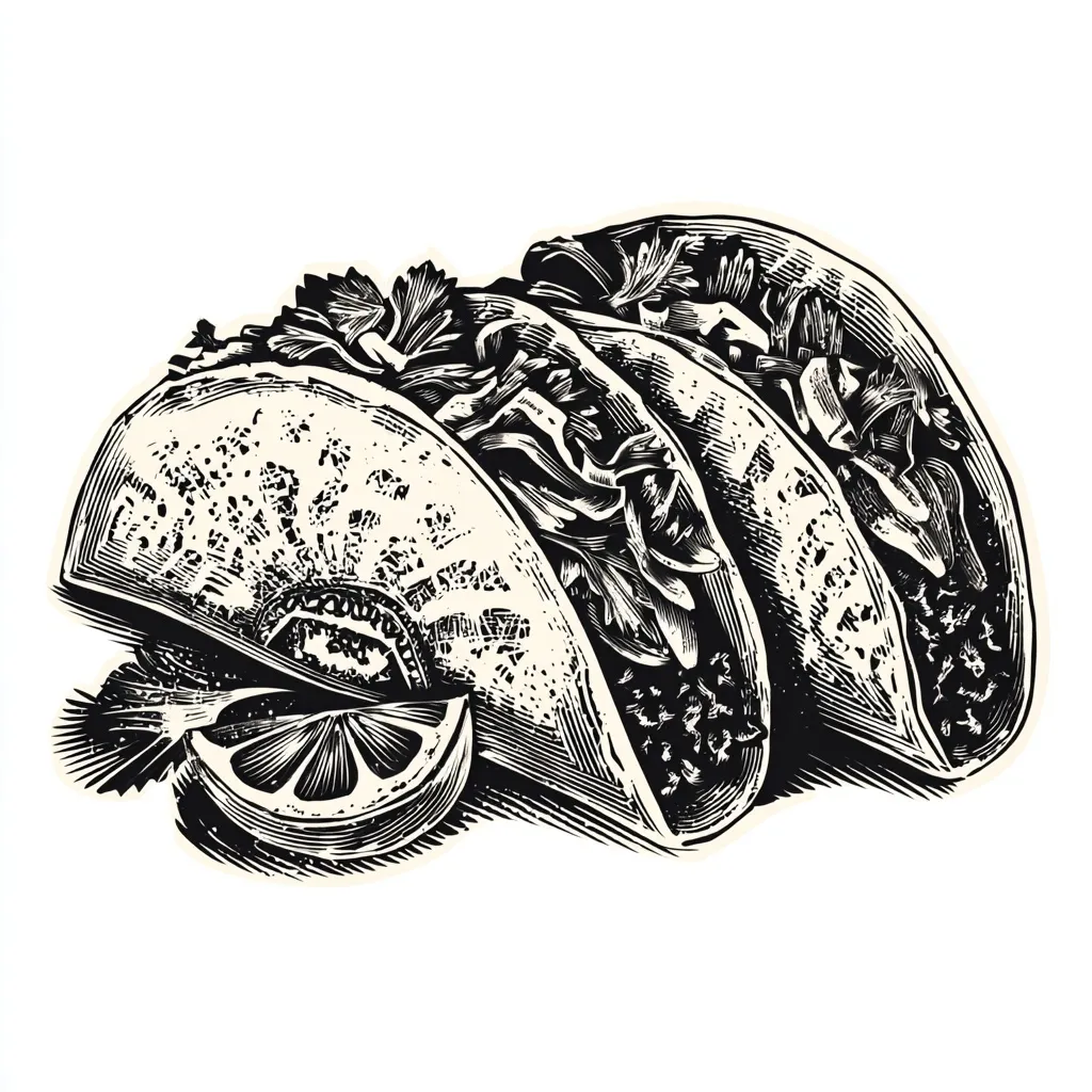 Two-tone linocut taco illustration on a white background, ideal for graphic design and vector projects.
