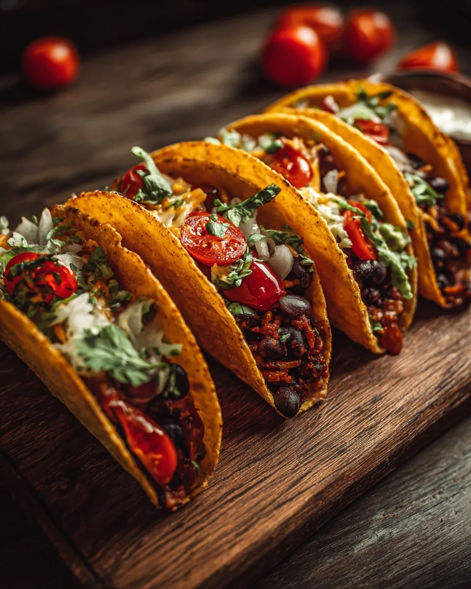Homemade crispy black bean tacos served on a rustic kitchen counter with warm, cozy lighting.