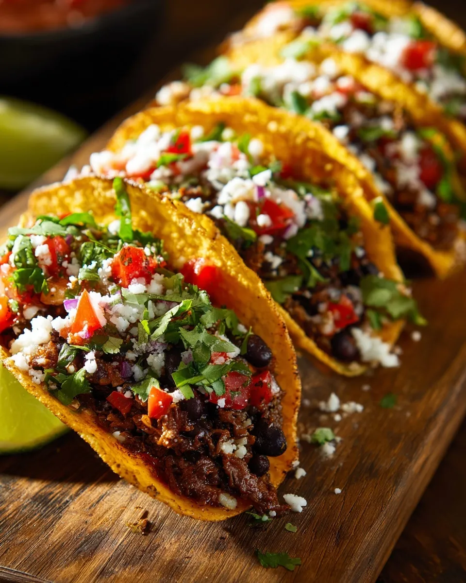 Close-up of crispy homemade black bean tacos on a rustic kitchen counter with warm, cozy lighting.