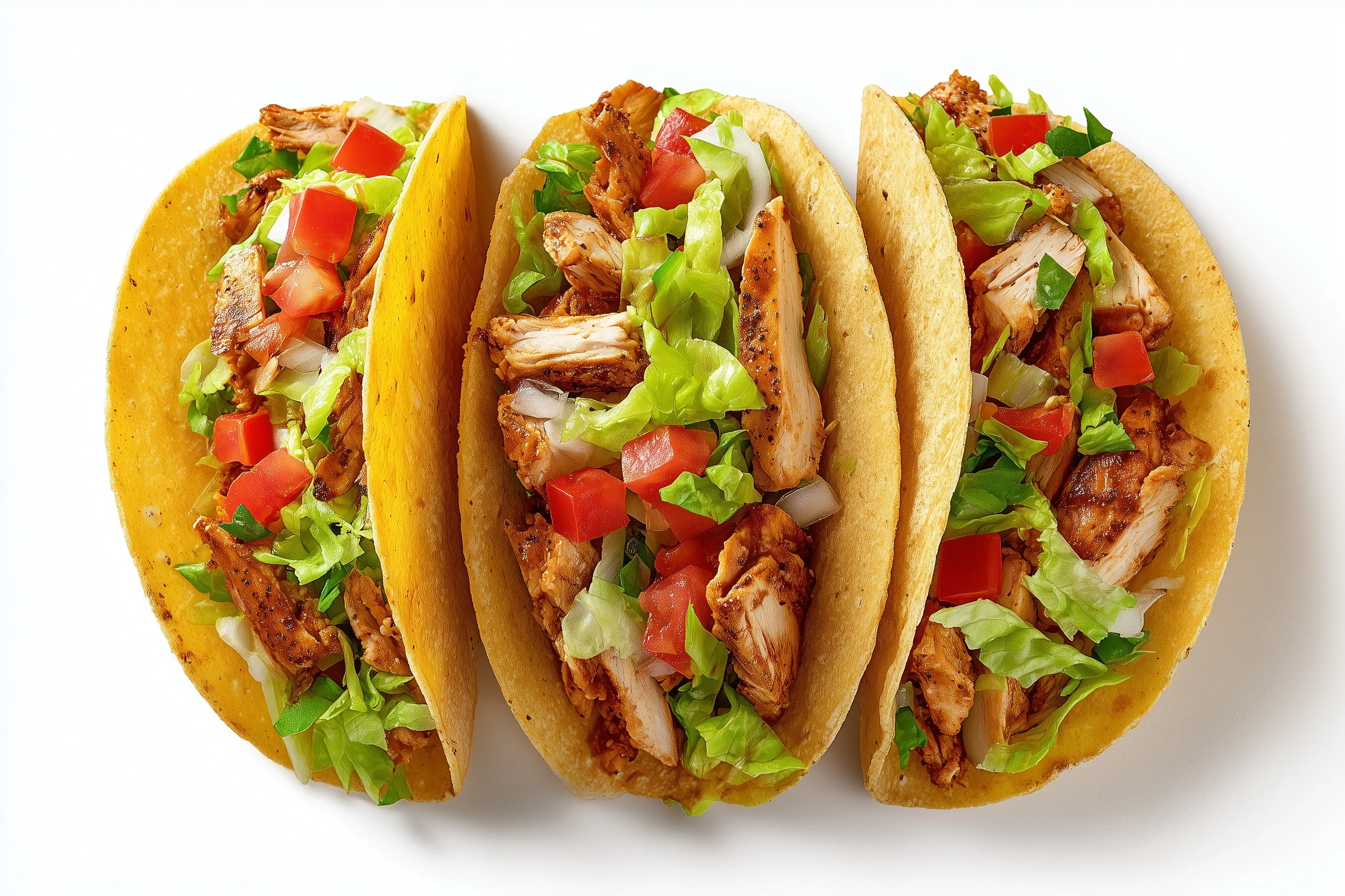 Top-view flat lay of three grilled chicken tacos with fresh vegetables on a white background.