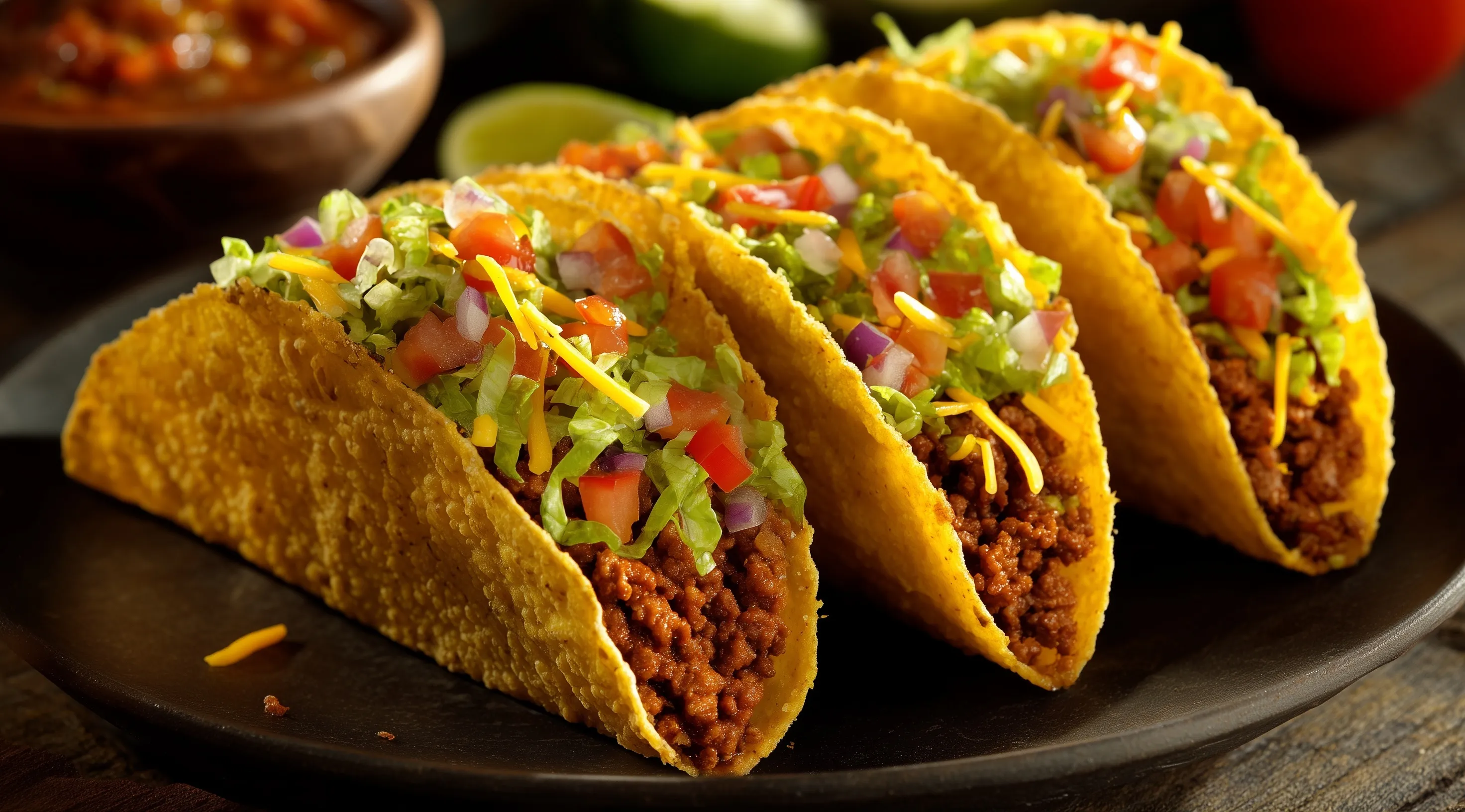 A plate of crunchy tacos with fresh toppings served on a rustic table.