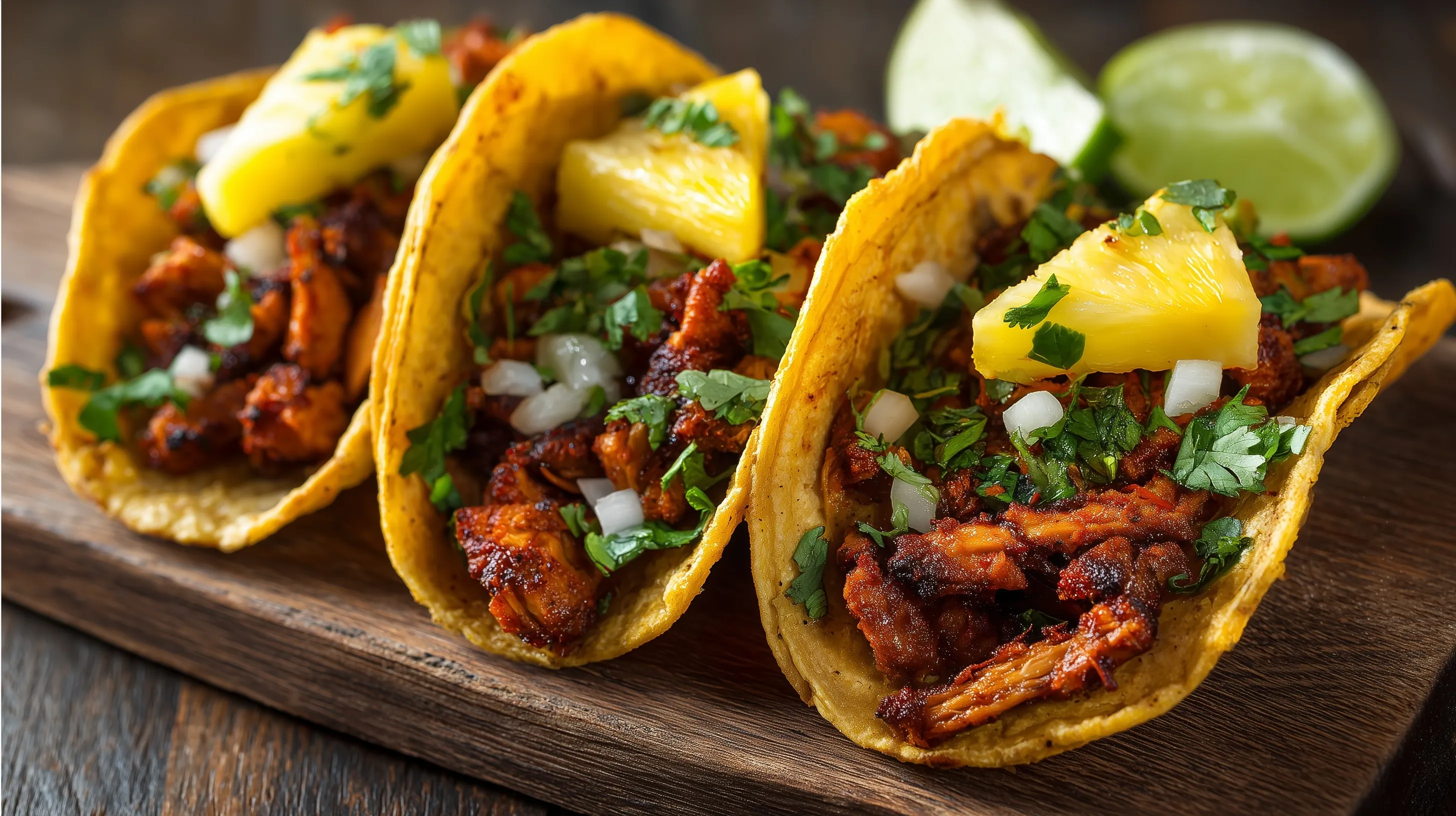 Three authentic tacos al pastor with marinated pork, pineapple, and cilantro on a rustic wooden board.