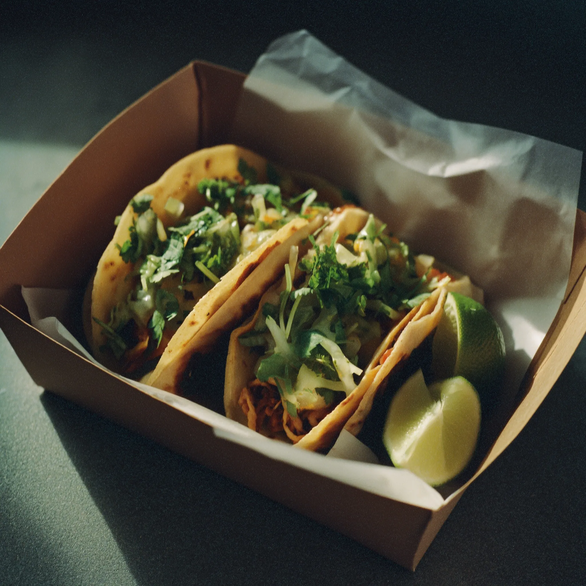 Two street tacos in a cardboard container with lime and warm sunlight, shot in a cinematic, authentic style.