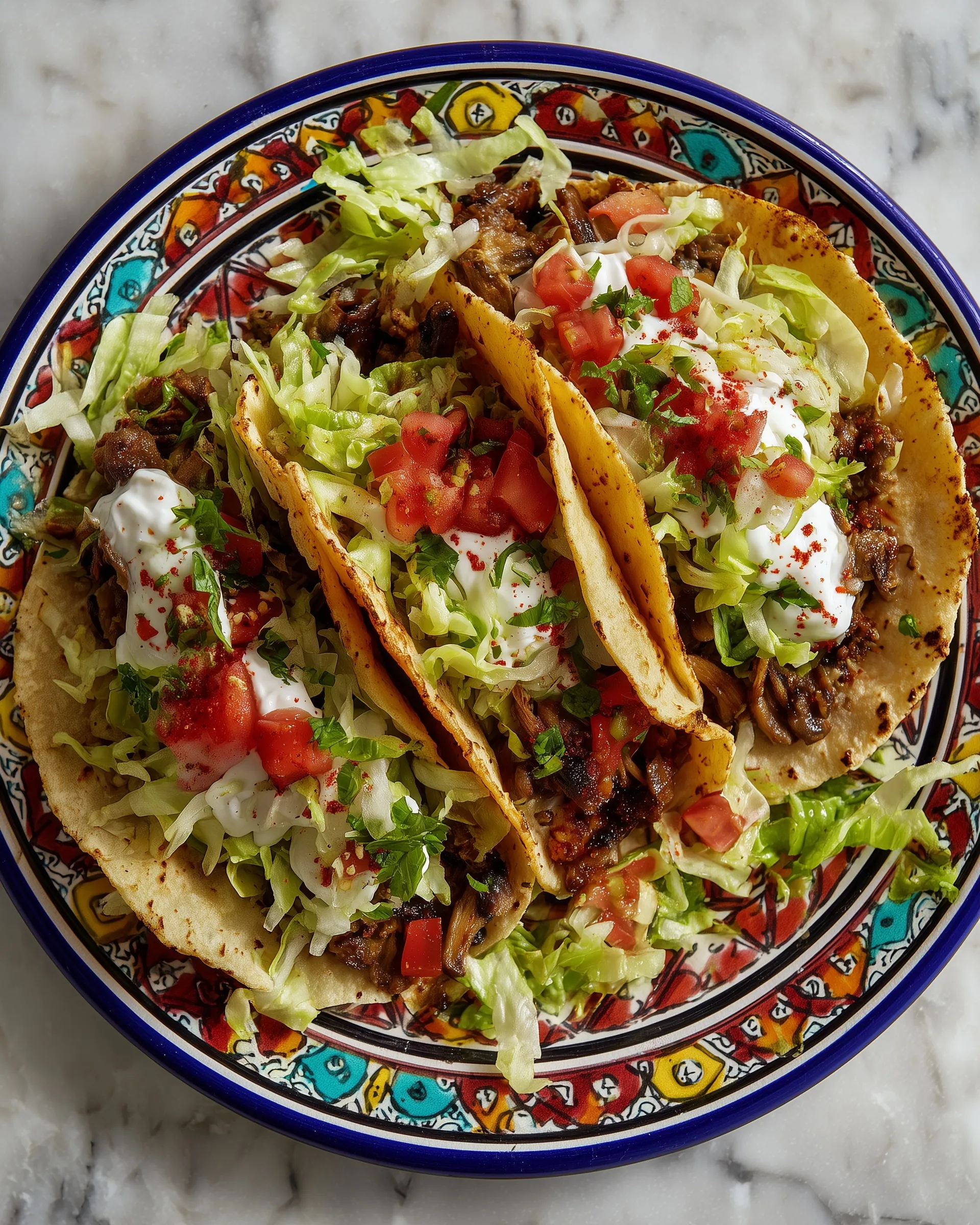 Overhead close-up of mushroom tacos with sour cream and vegetables on a traditional Mexican plate.