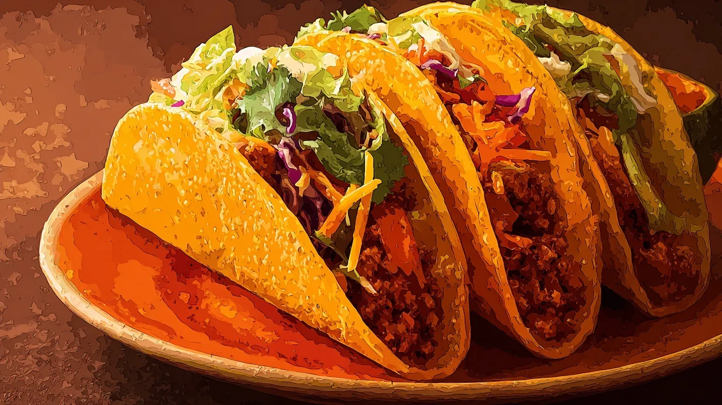 A vibrant Taco Tuesday digital art wallpaper featuring delicious tacos in a warm, artistic color palette.