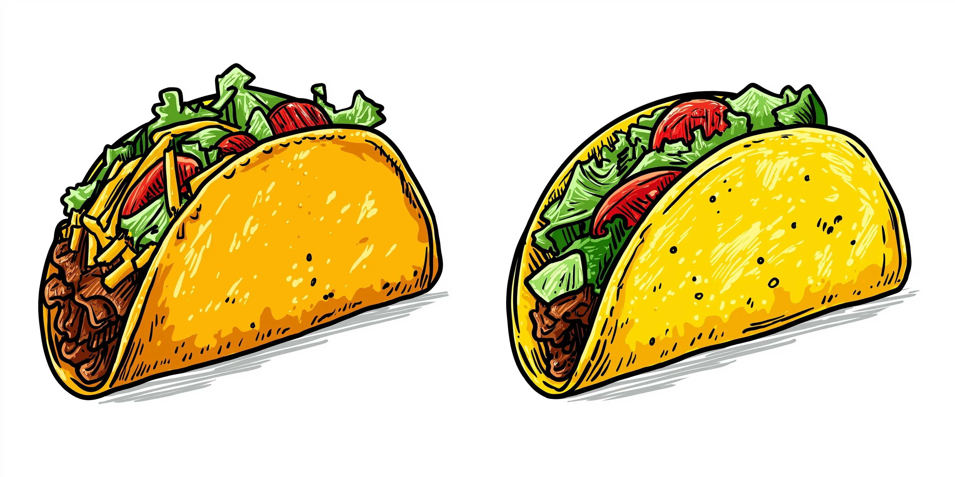 Two colorful vector taco illustrations with thick outlines isolated on a plain white background.