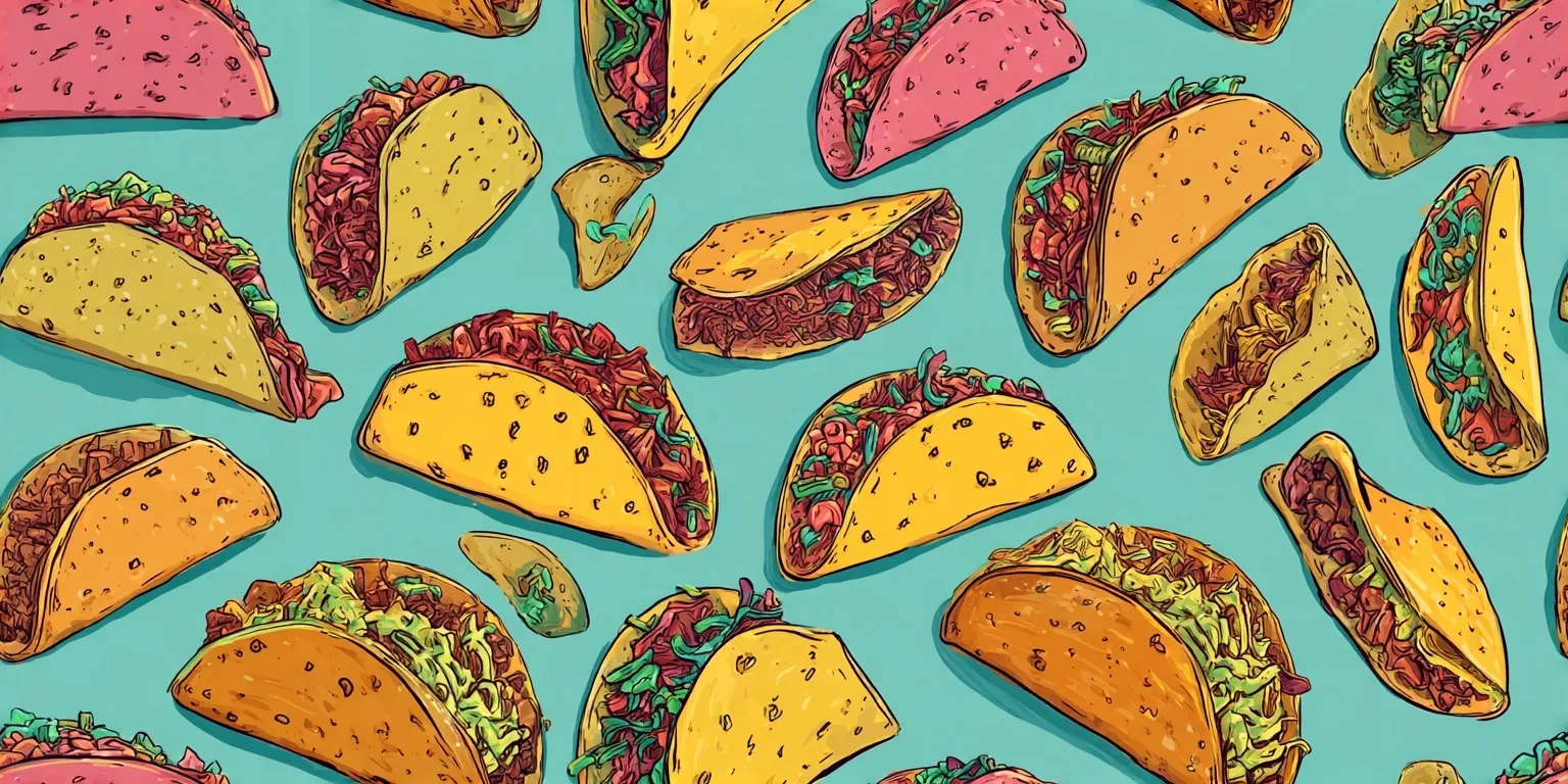A seamless pattern of tacos in a 90s retro aesthetic with vintage gouache illustration style on turquoise background.