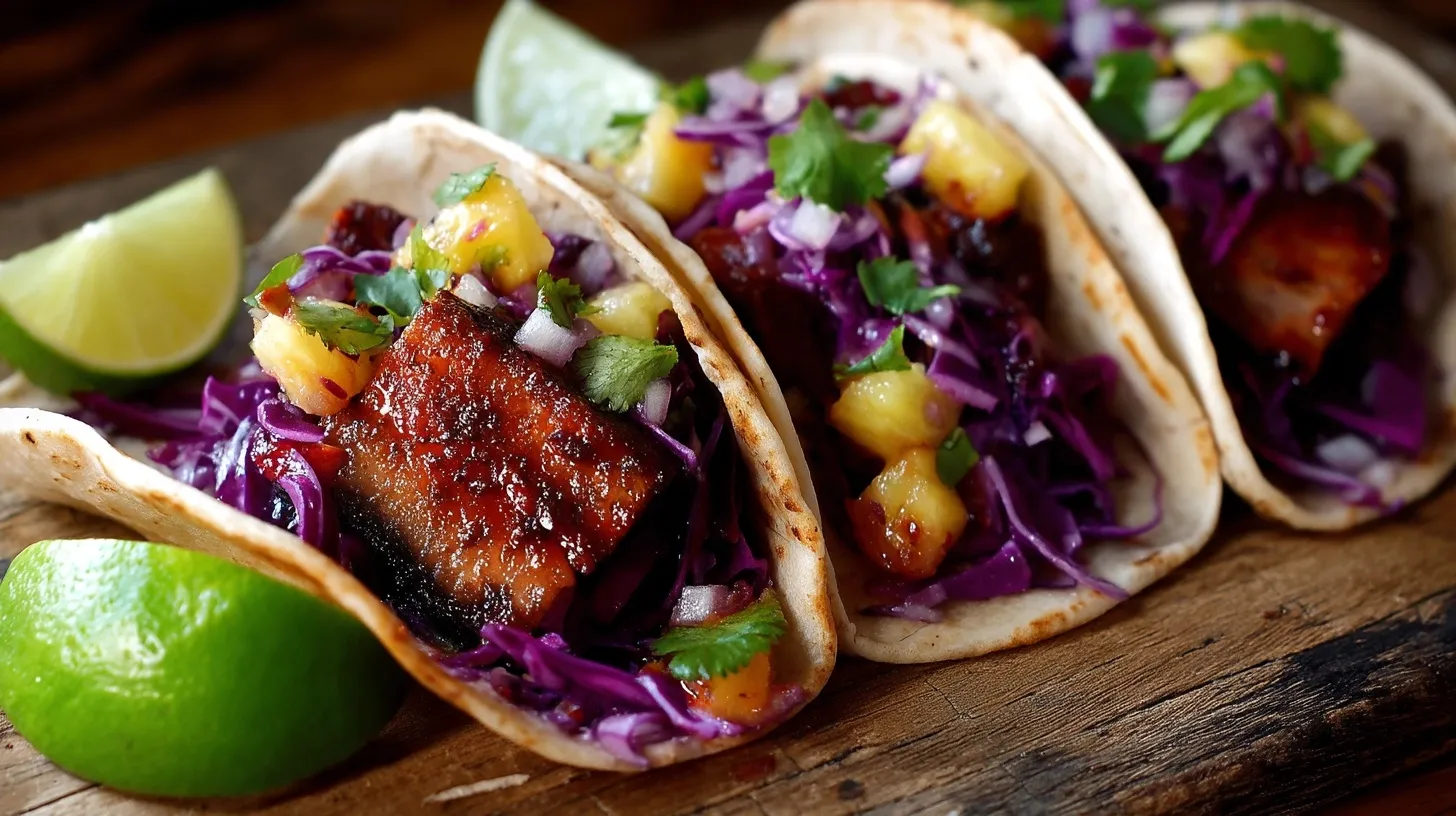 Close up of gourmet pork belly tacos with pineapple salsa and red cabbage on a rustic wooden table.