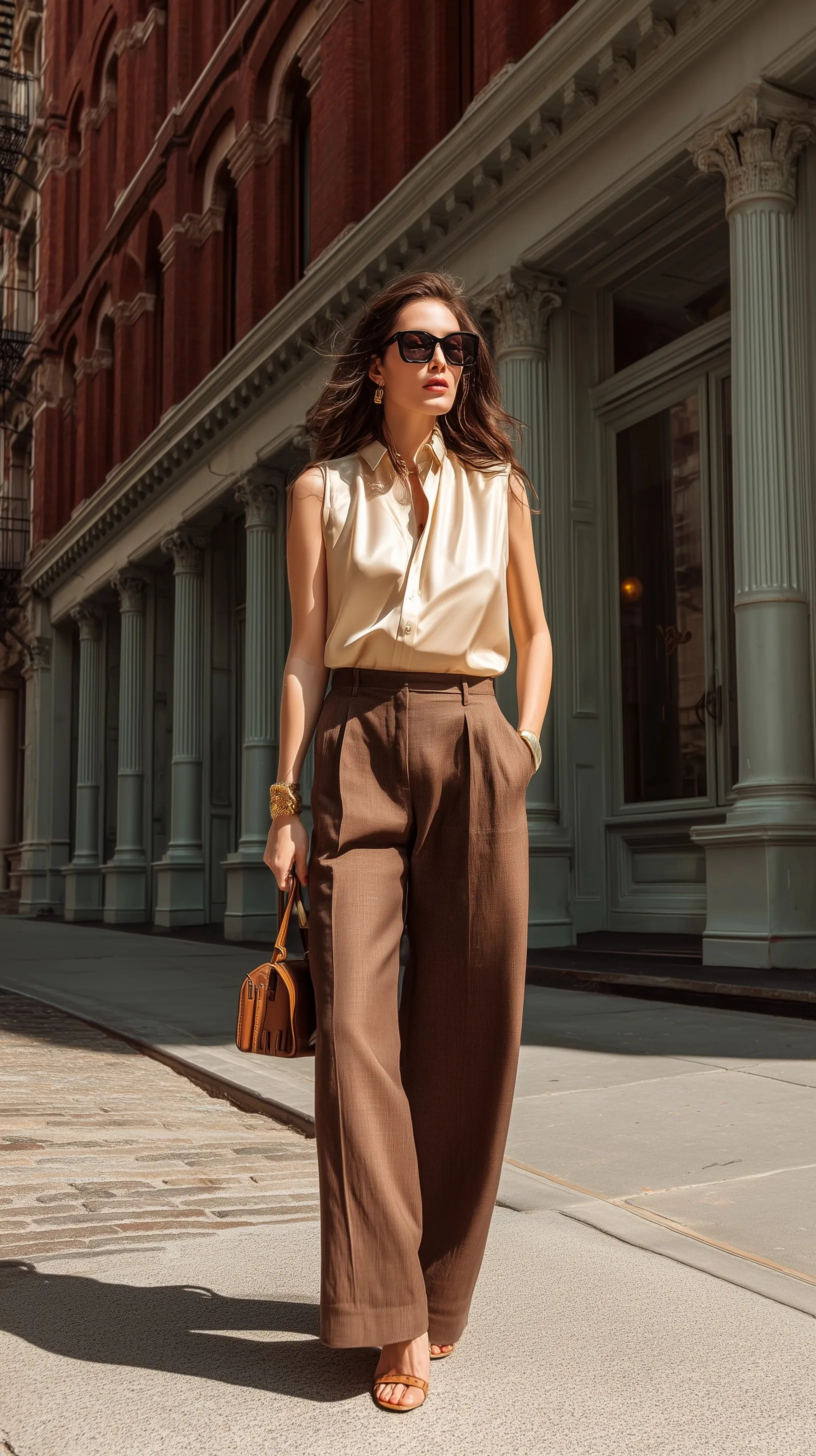 Stylish woman in wide-leg brown linen trousers and beige silk blouse walking in SoHo, NYC.