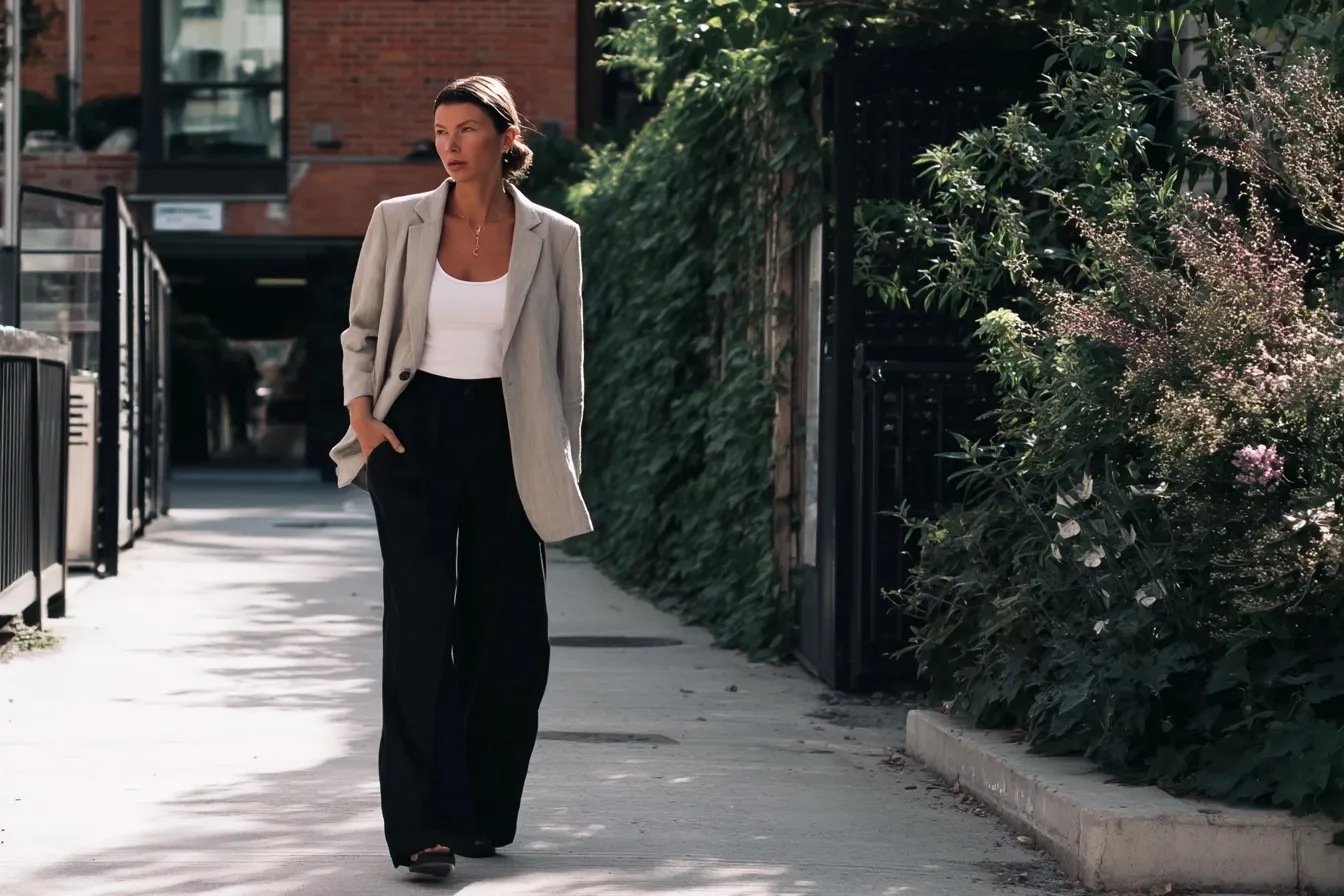 Tall woman in black wide-leg trousers and linen blazer walking near a coworking garden, street style photography.