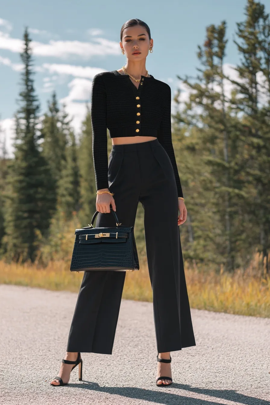 A tall fashion model in black wide-leg pants and a cropped cardigan posing elegantly in a pine forest setting.