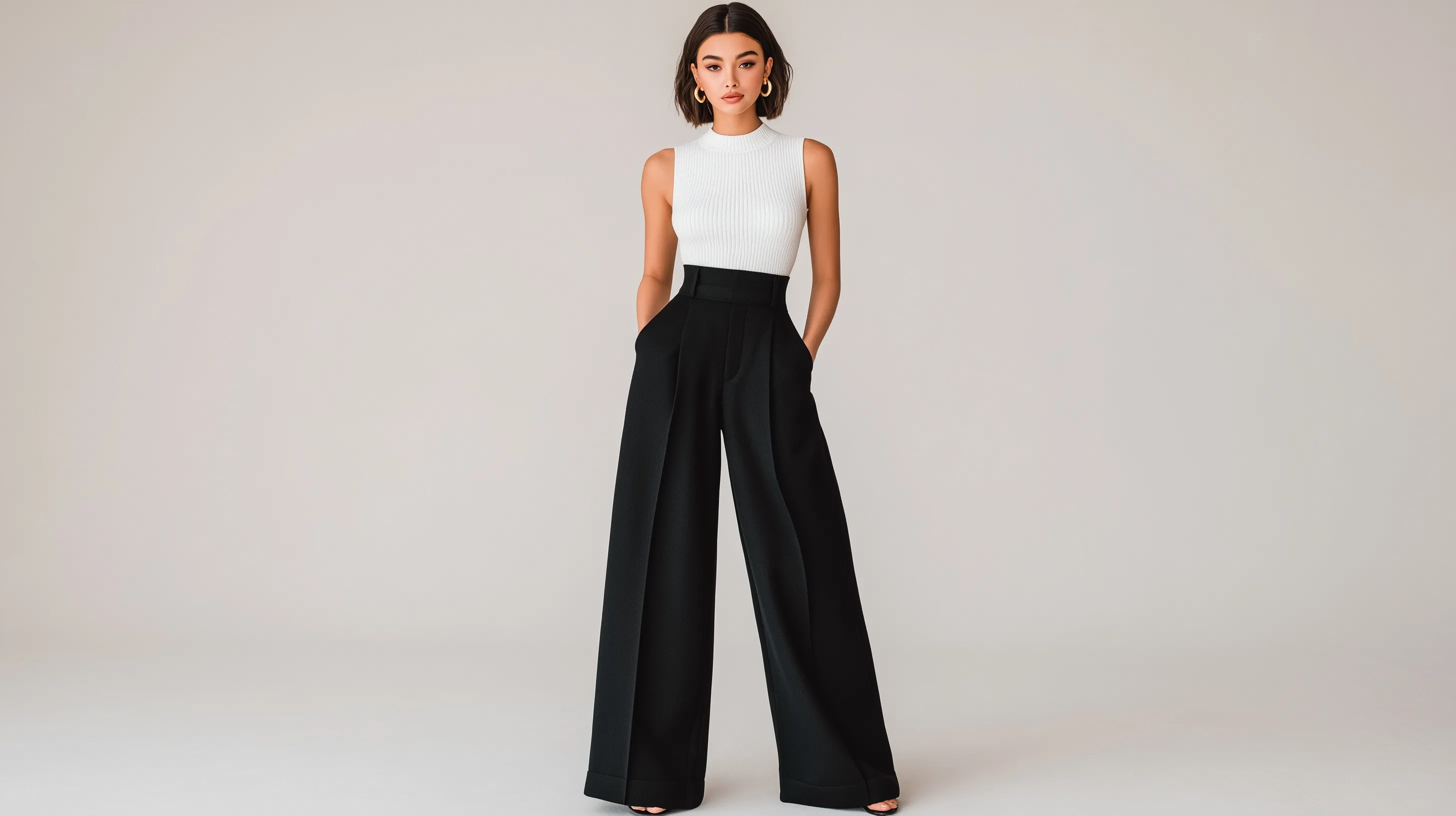 A tall fashion model wearing a cashmere mock tank top and black wide leg pants in a studio.