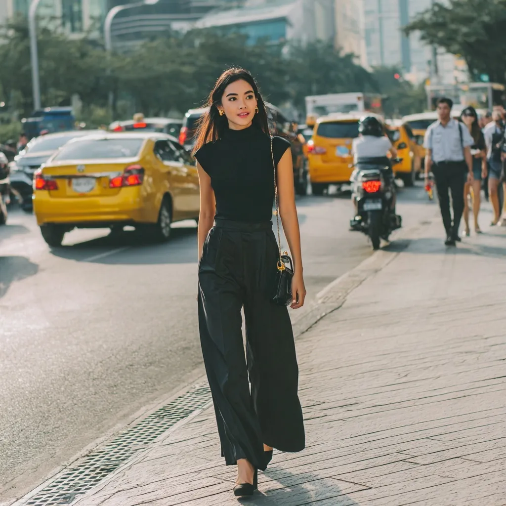 Stylish Asian woman in smart black wide-leg pants walking on a city street in Makati.