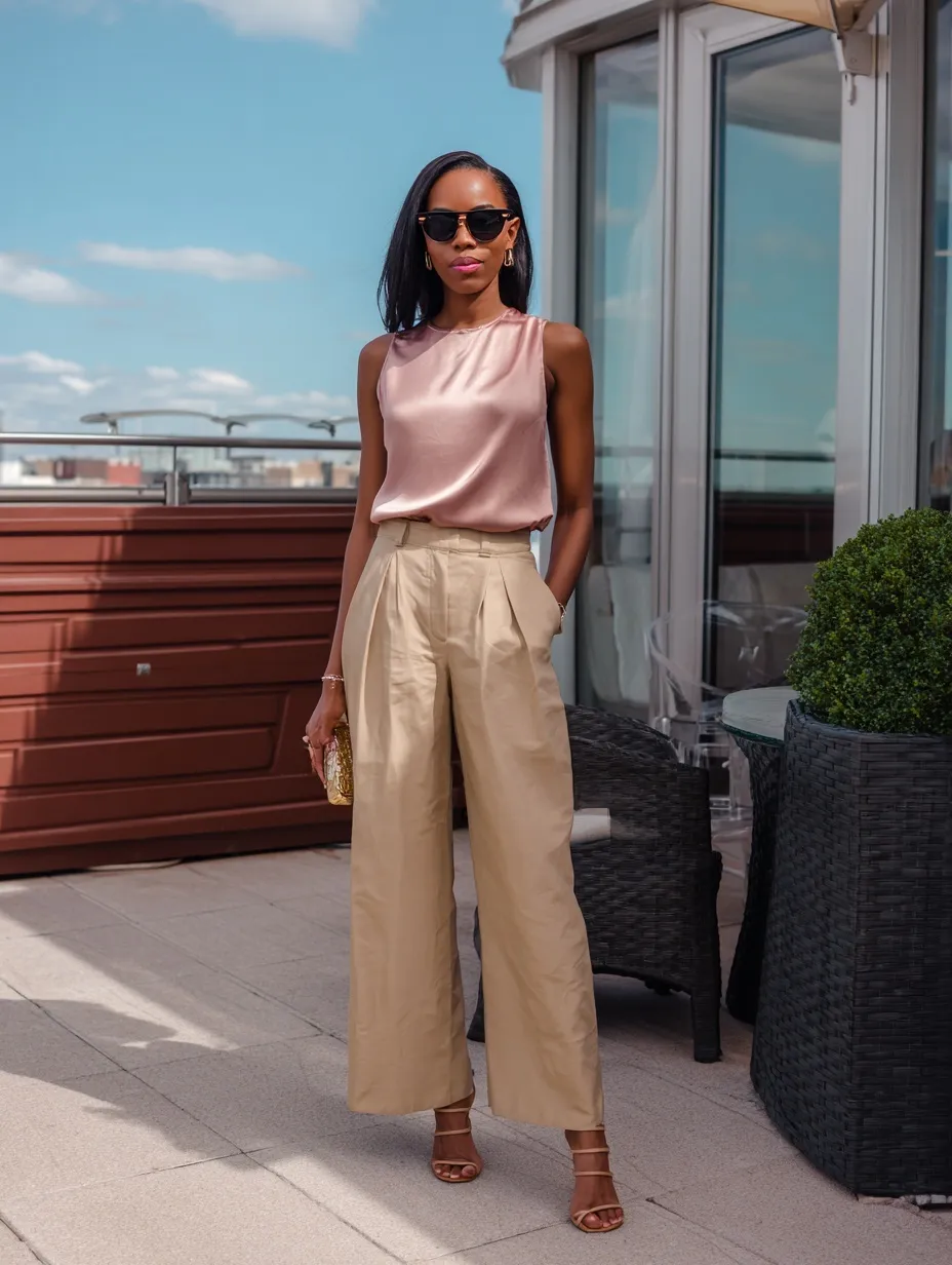 Confident Black woman in beige wide-leg pants and a blush pink top walking into a rooftop restaurant.