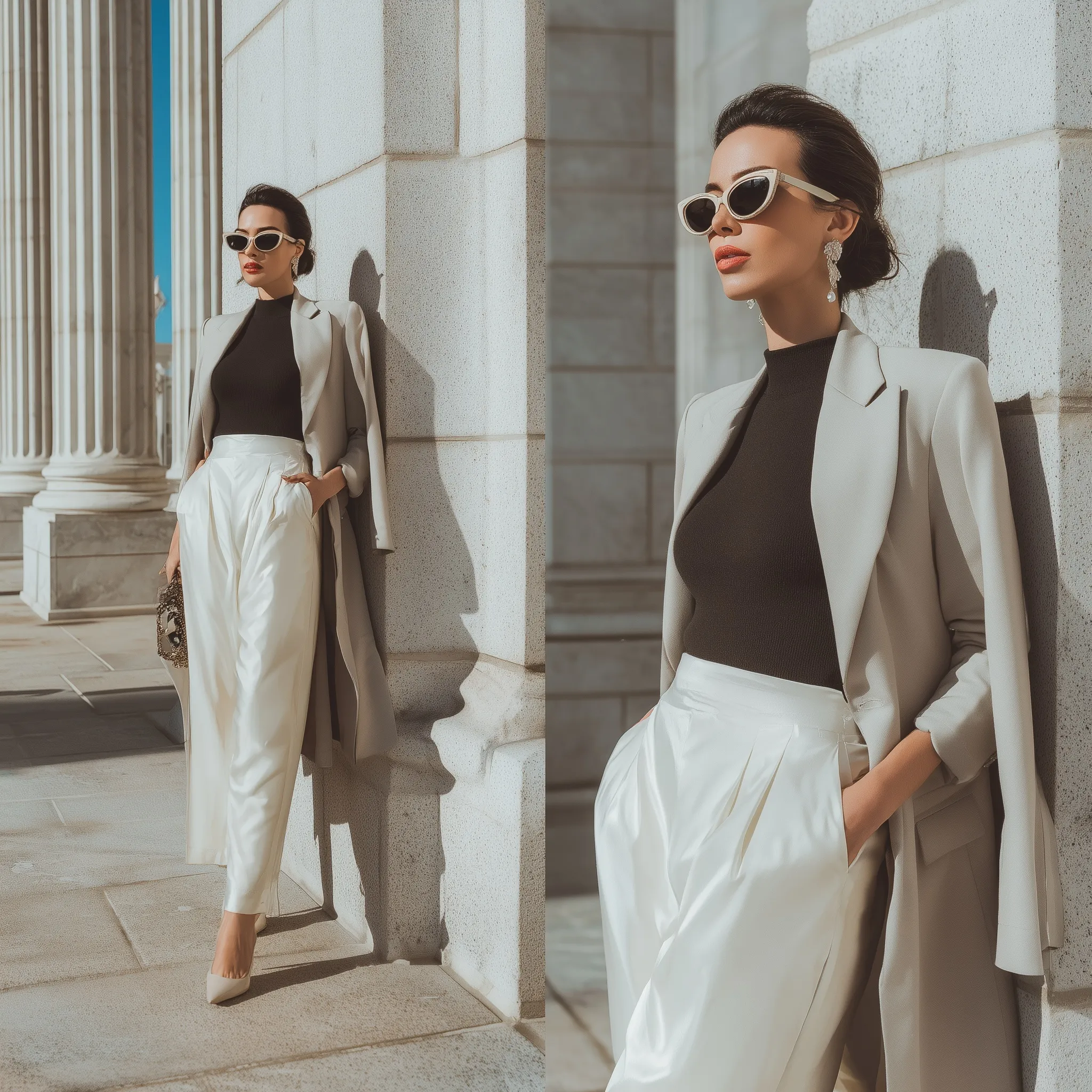 Chic woman in her 30s wearing stylish wide-leg pants in a minimalist, elegant outfit.