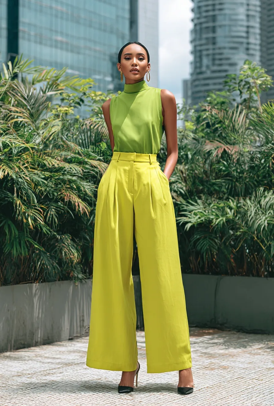 A tall woman in lime green high-waisted wide-leg trousers standing in a modern city setting with green plants.