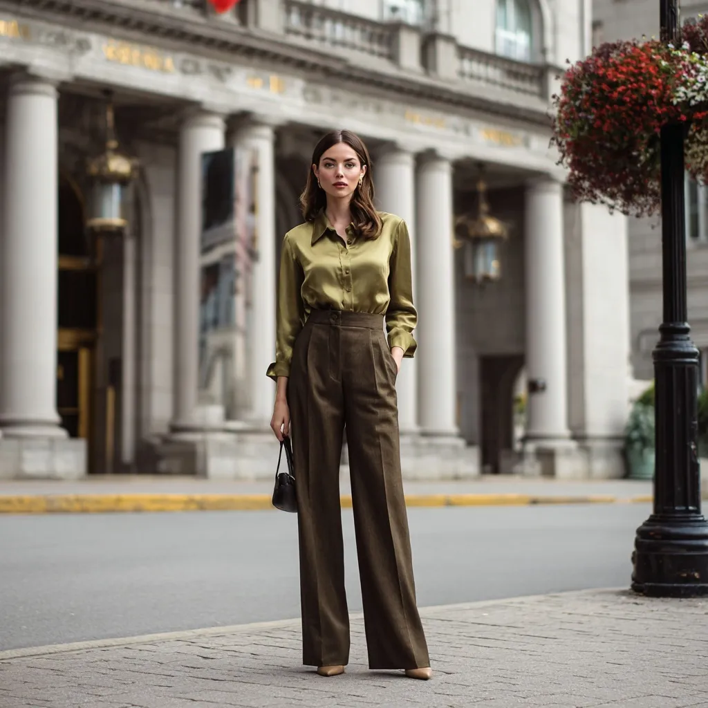 A tall woman in a stylish satin blouse and wide-leg trousers standing confidently on a city street.