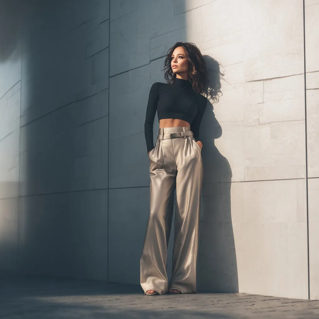 A stylish tall woman wearing wide-leg pants, standing confidently in a modern fashion pose.