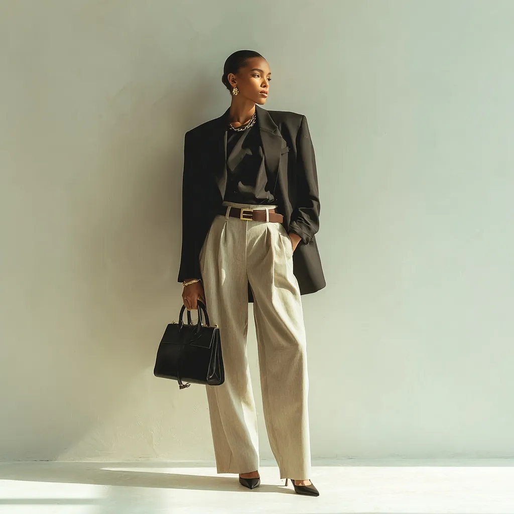 Fashionable woman wearing a black oversized blazer and high-waisted wide-leg trousers in a minimalist studio setting.