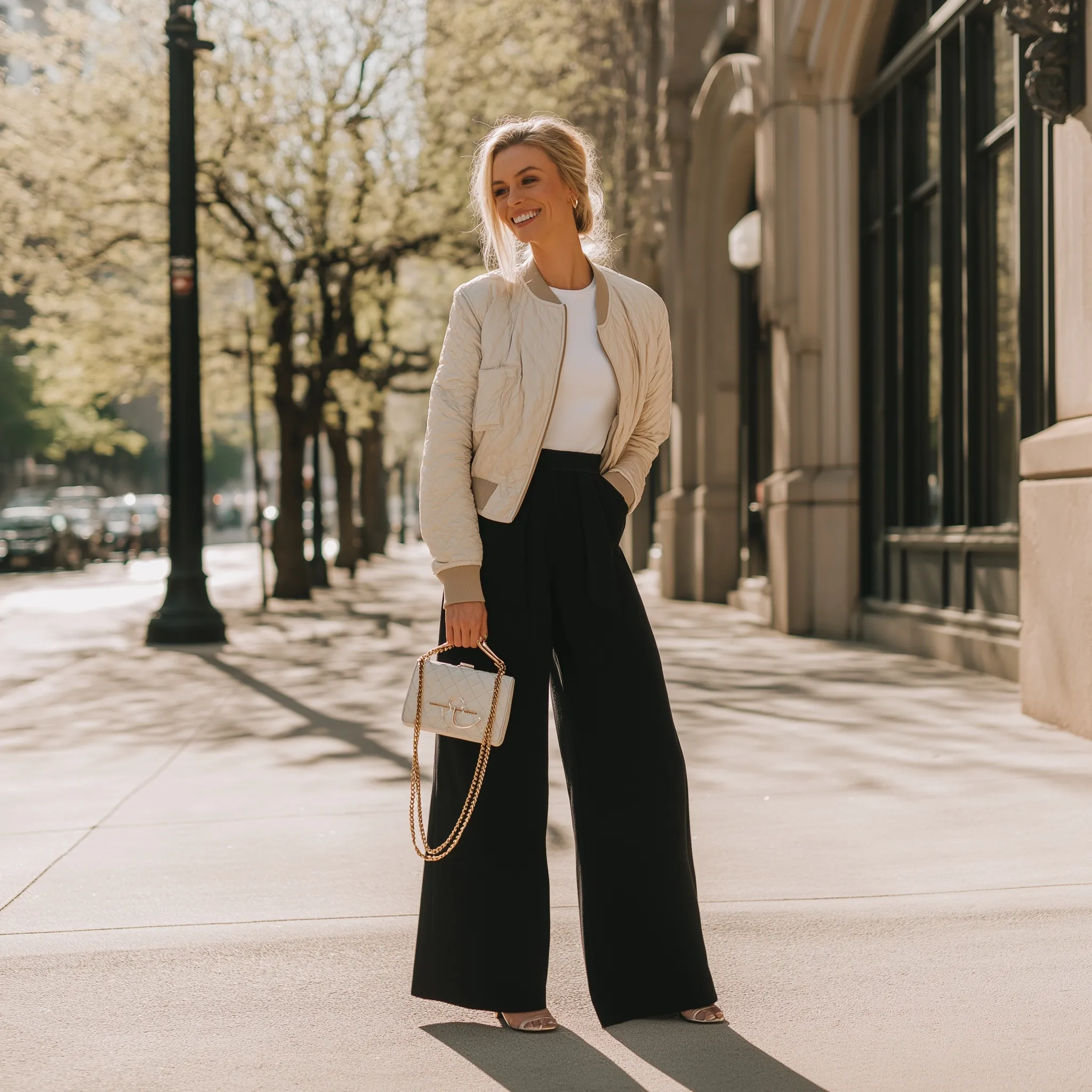 A stylish blonde woman wearing black wide leg pants, a white top, and a beige bomber jacket holding a designer bag.