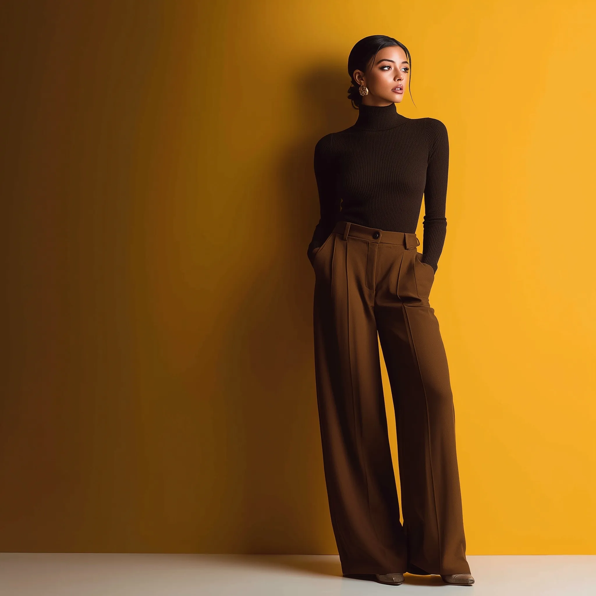 A stylish woman in her mid-twenties wearing a fitted turtleneck and wide-leg trousers for a commercial photoshoot.