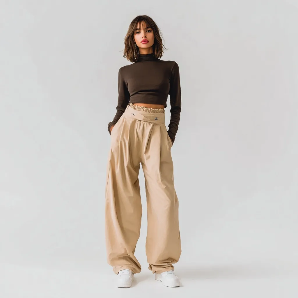 A young woman in her 20s wearing beige wide-leg sweatpants posing against a clean white background.