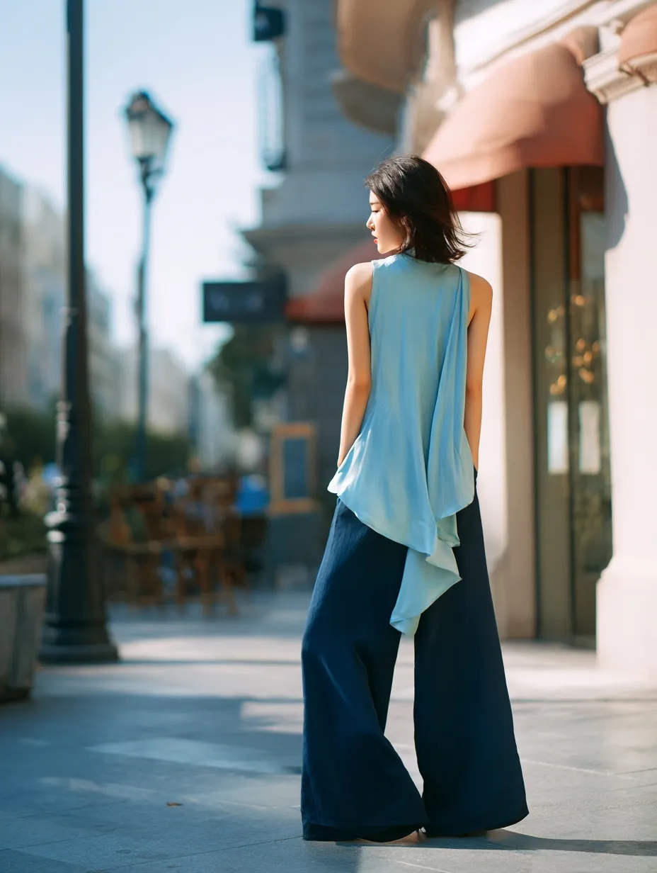 Fashionable tall woman in navy blue wide-leg pants and sky blue sleeveless top posing in an urban street setting.