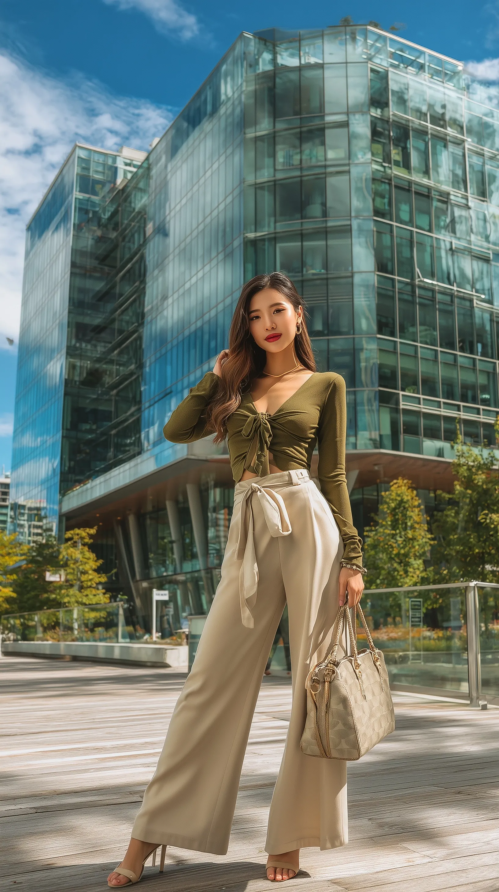 Fashionable Asian woman in a fitted olive blouse and beige wide-leg pants standing before a modern glass building.