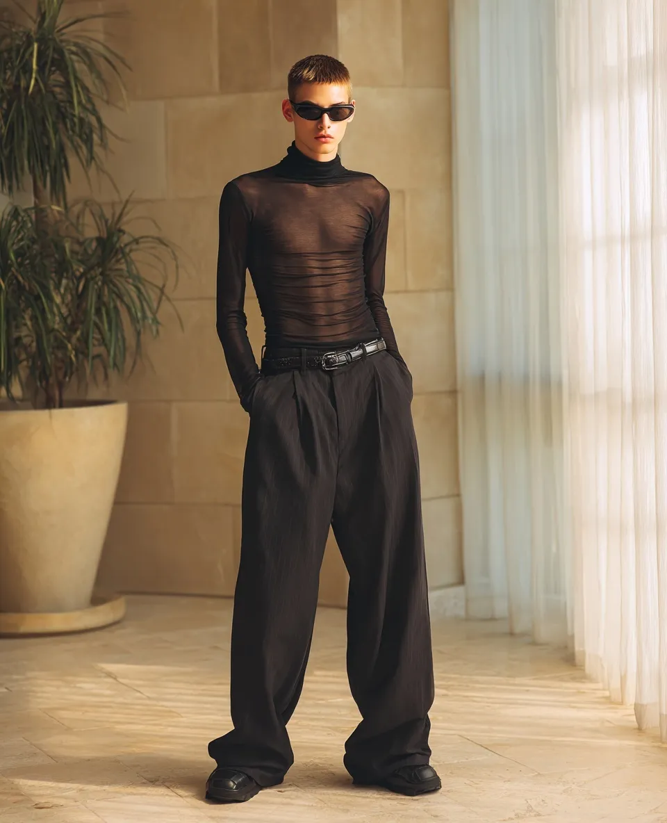 Androgynous model in tall women's wide-leg pants and black mesh top standing in a minimalist beige studio.