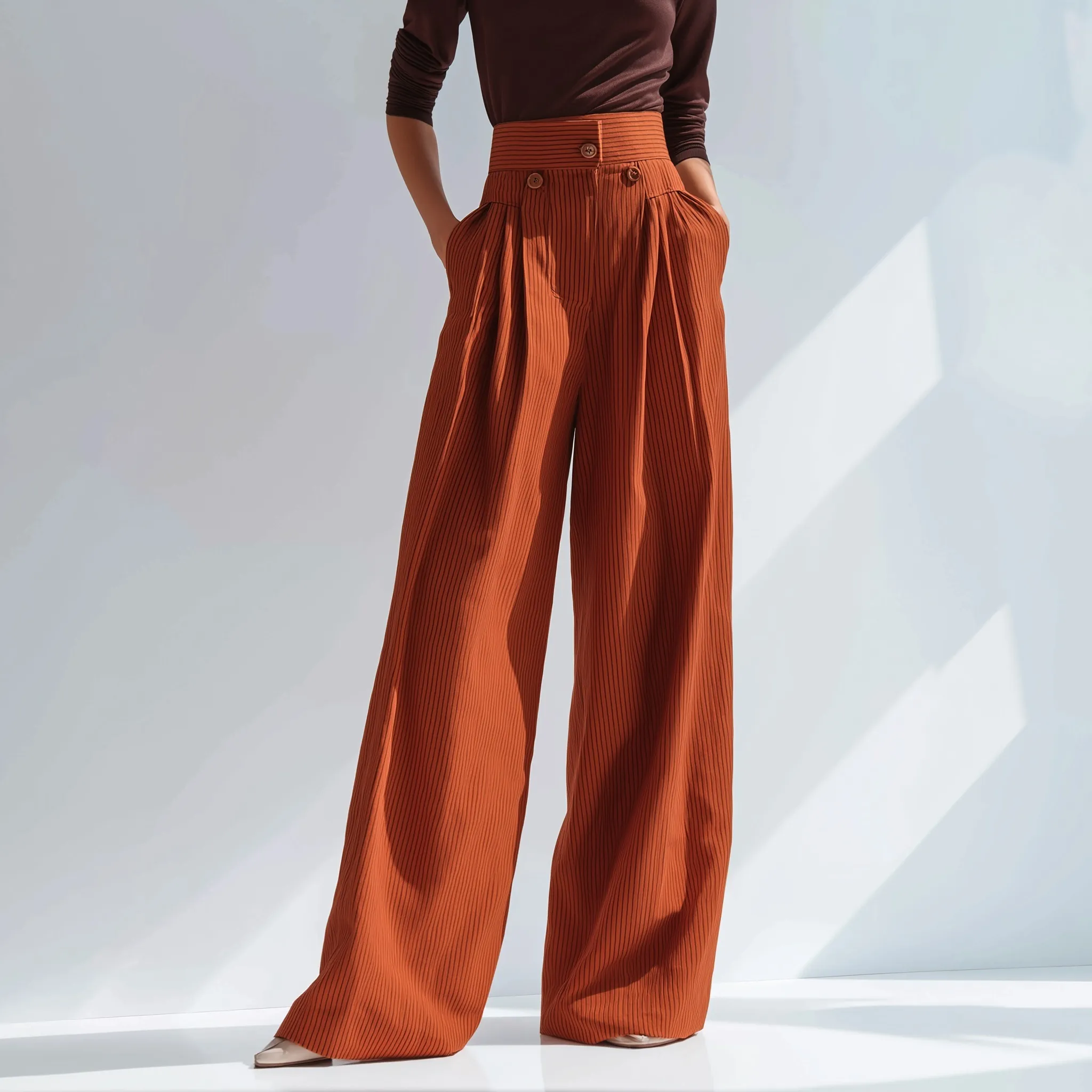 Tall women’s high-waisted rust-orange wide-leg trousers with pinstripes and front pleats on white.