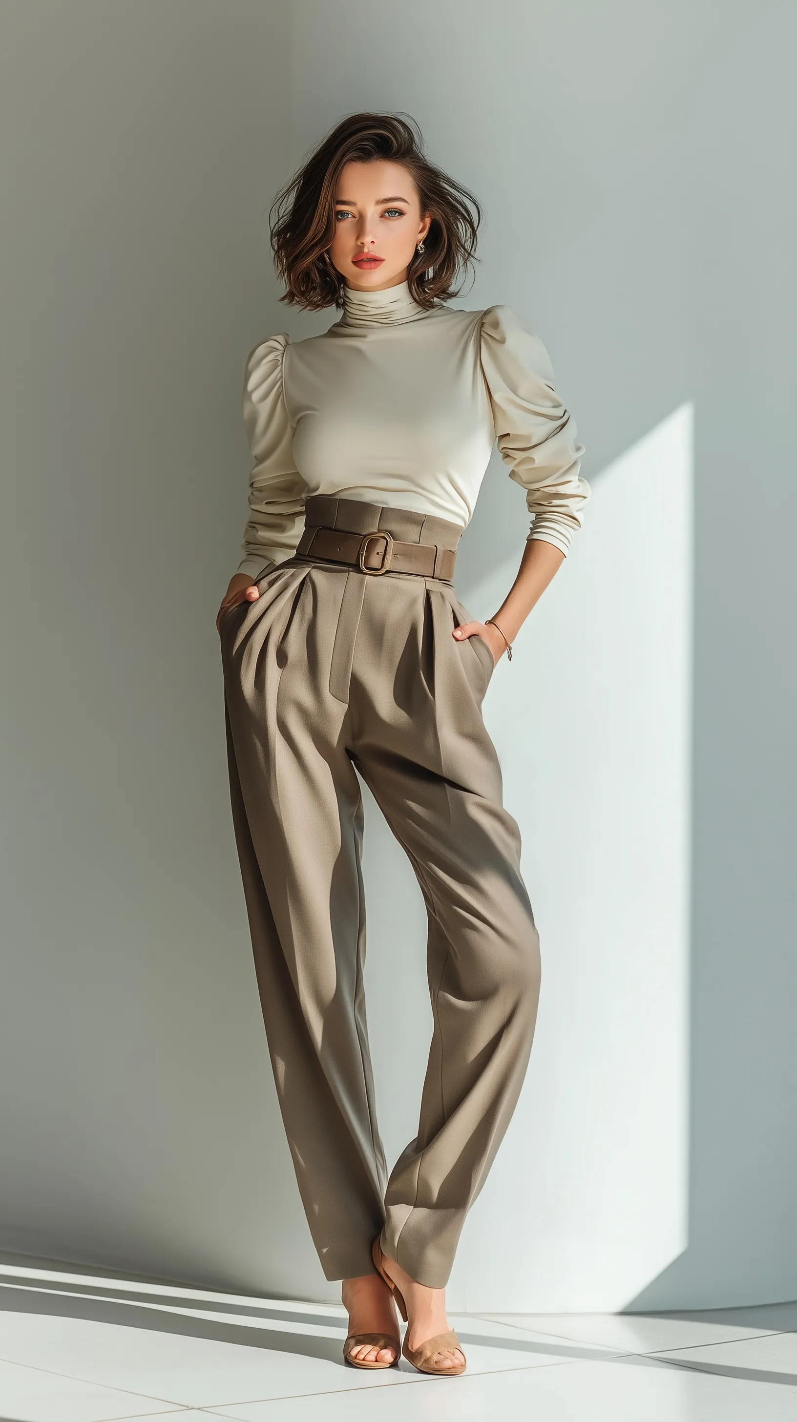 A modern young woman in elegant high-waisted wide-leg pants posing barefoot in a bright, minimalist interior.