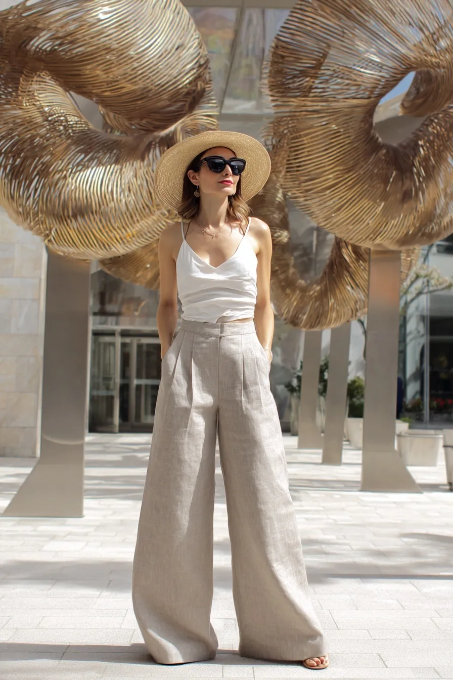 Tall woman wearing beige linen wide-leg pants and a white strap top, styled with a straw hat in a modern art gallery.