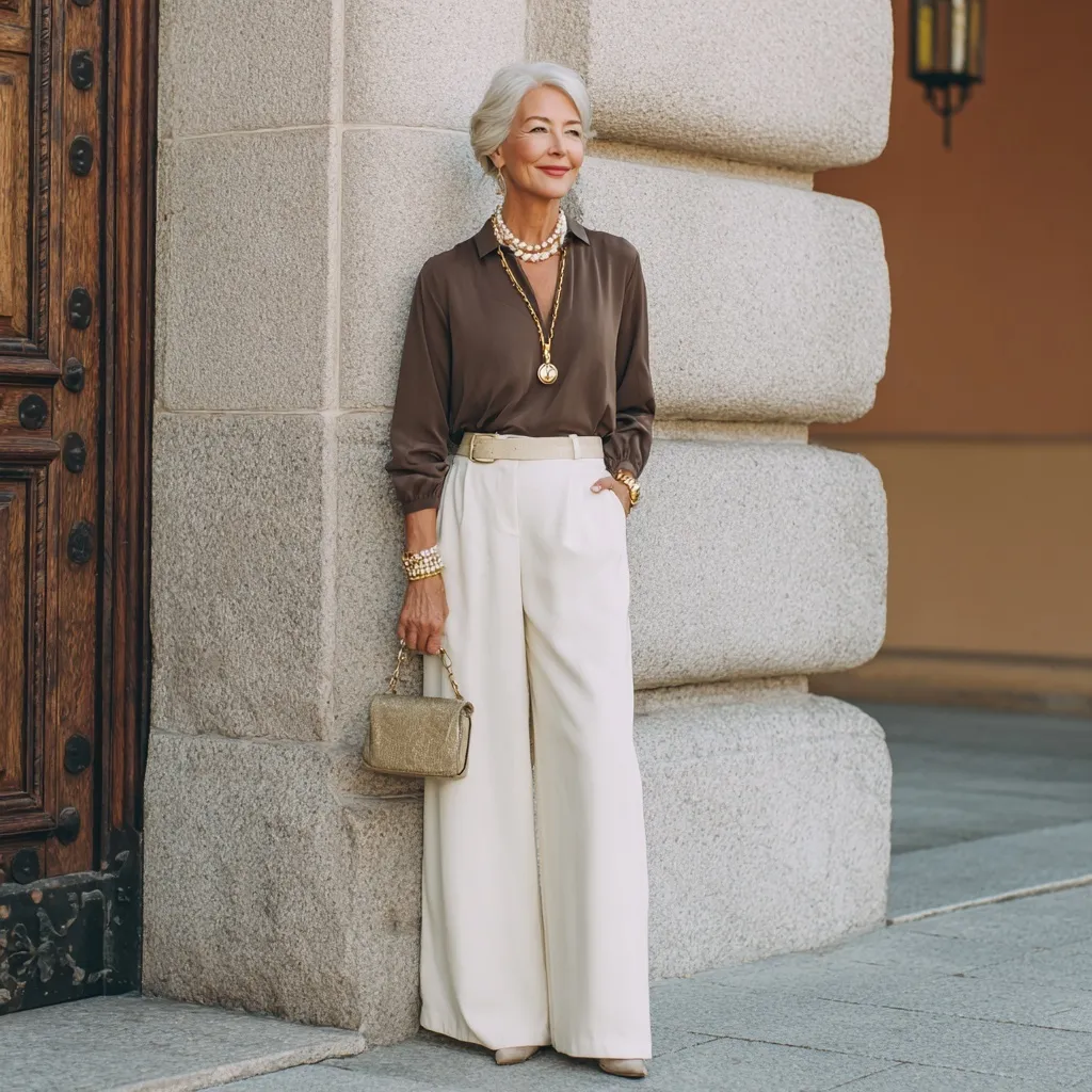 Elegant woman in her fifties wearing ivory wide leg pants and an espresso blouse posing by an old building in fall.