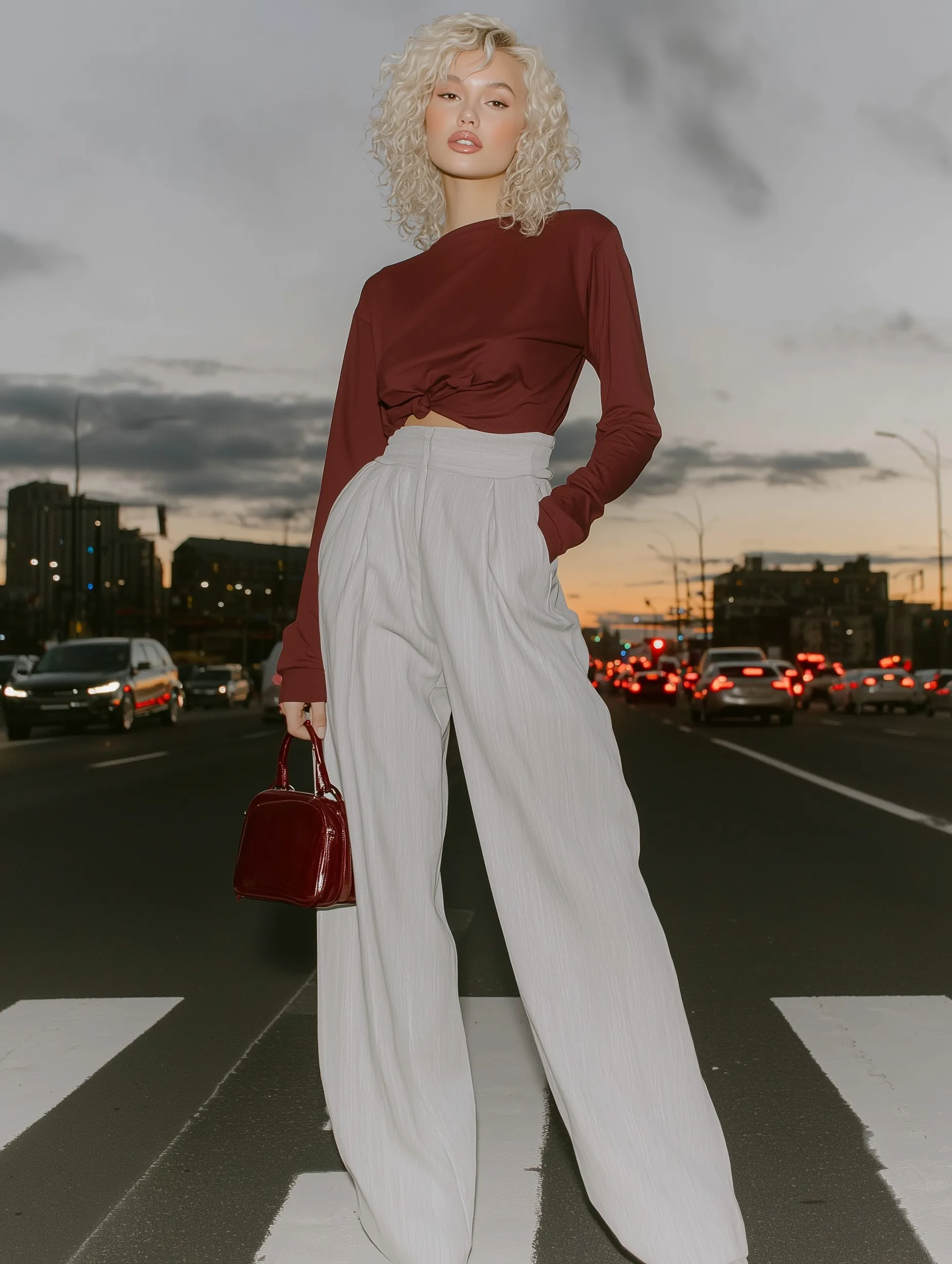 A tall woman in wide-leg gray trousers and a burgundy top posing on a busy city street at dusk.