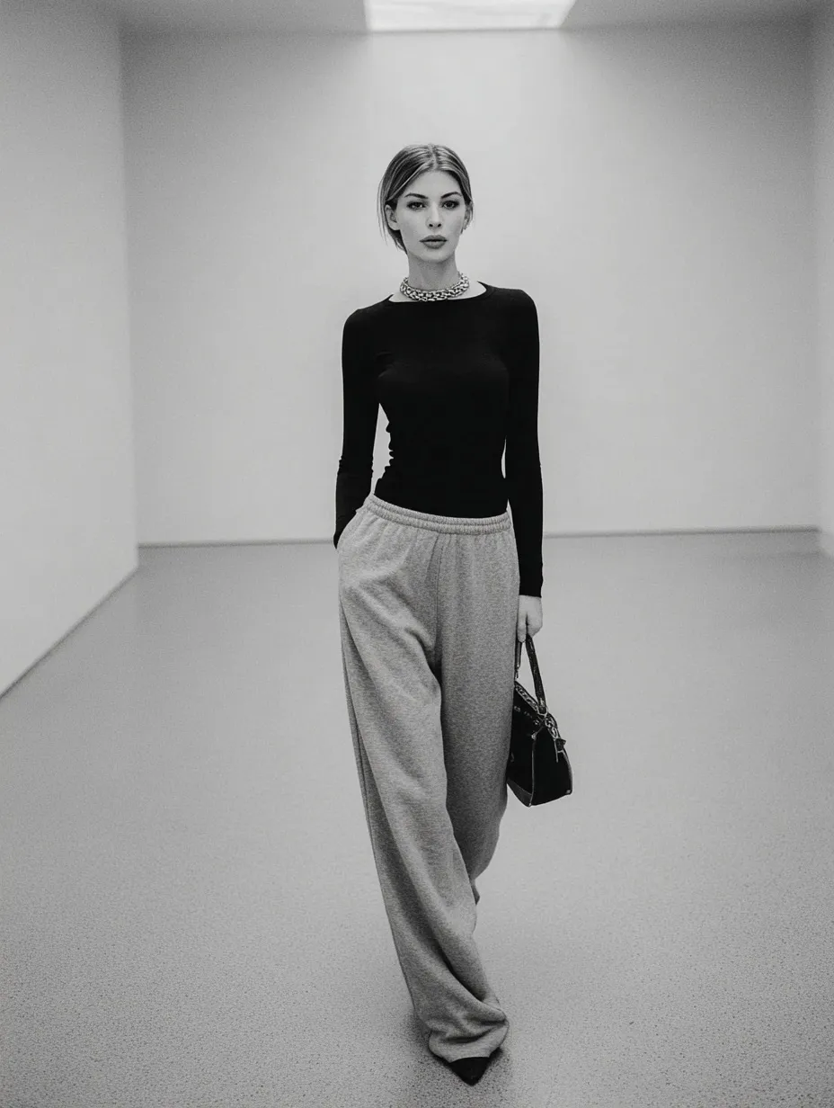 Elegant tall woman wearing grey wide-leg knit pants and a black top in a minimalist gallery setting.