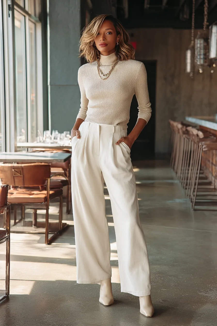 Stylish woman in wide-leg lounge pants and ankle boots standing in a cozy urban café, iPhone mirror selfie style.