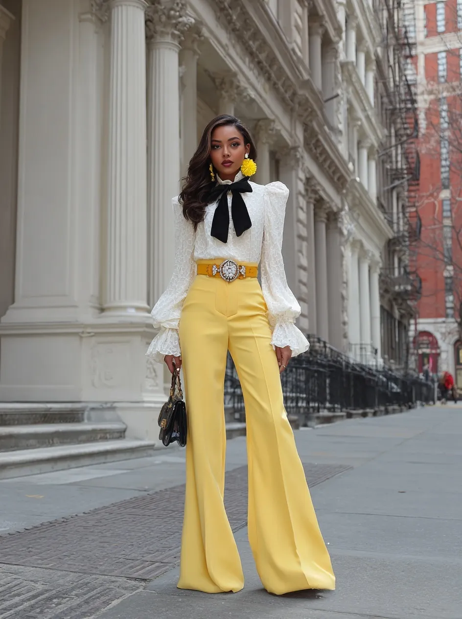 A stylish woman in wide-leg black pants and a white blouse walking confidently down a New York City street.