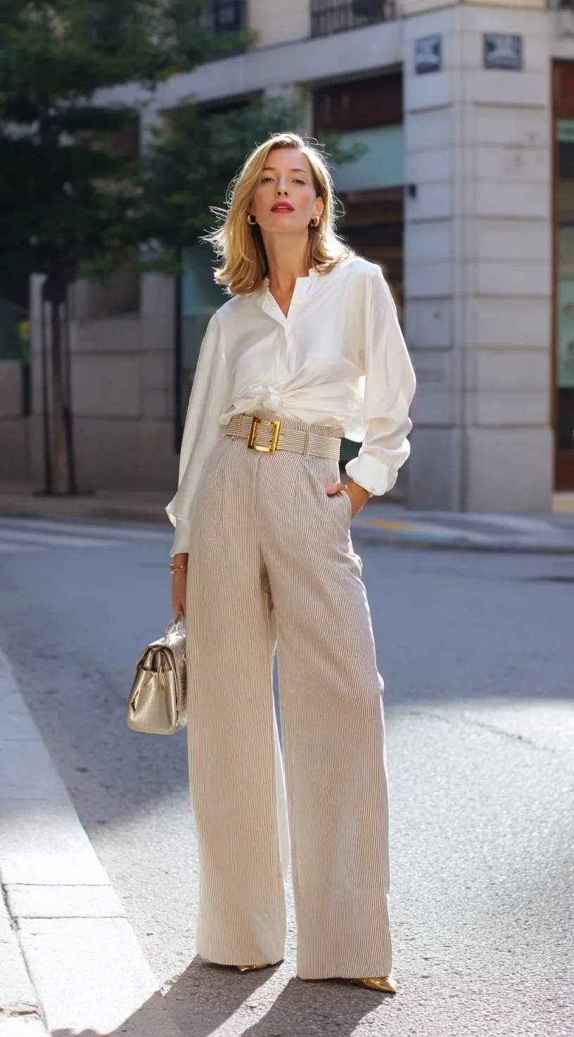 A stylish woman in her thirties wearing wide-leg beige trousers and a white blouse outdoors on a city street.