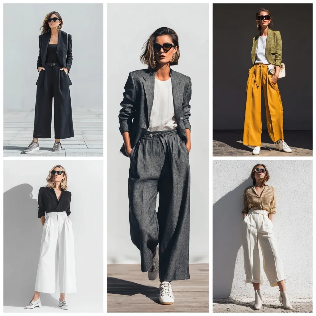 Tall woman wearing trendy wide-leg trousers and an oversized blazer in a stylish modern urban setting.