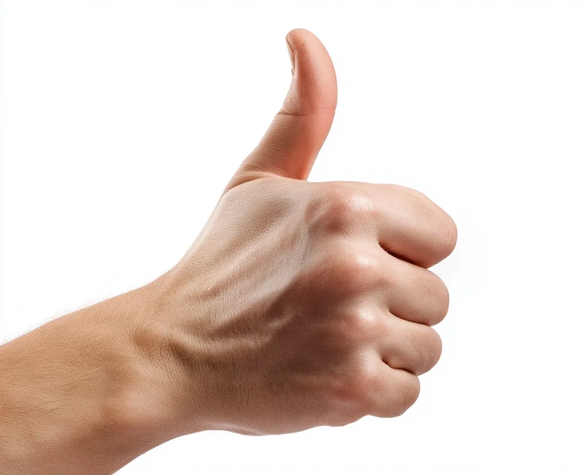 A human hand making a thumbs up gesture isolated on a plain white background, digital PNG style.
