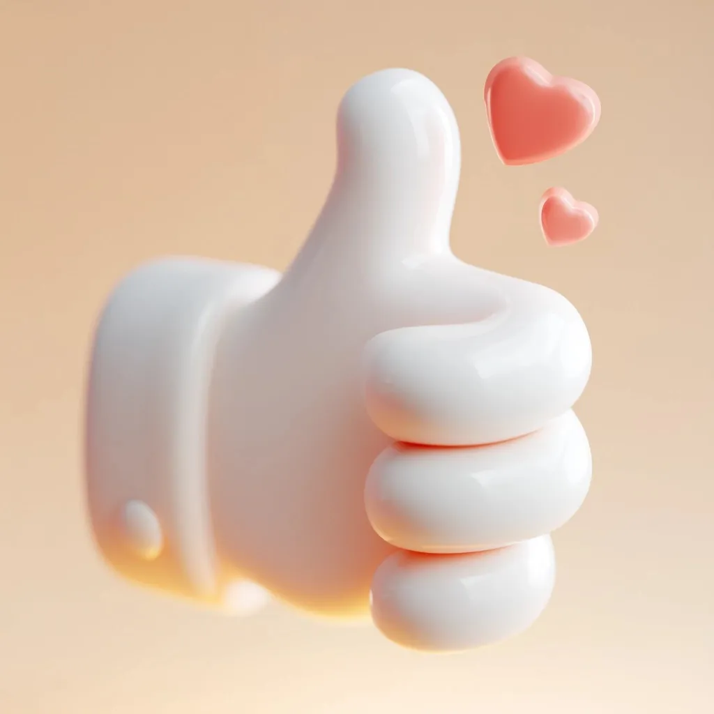A 3D clay-style hand showing a thumbs-up gesture with a floating heart icon on a clean white background.