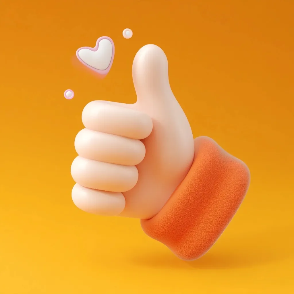 A 3D clay-style hand showing a thumbs-up gesture with a floating pink heart on a clean white background.