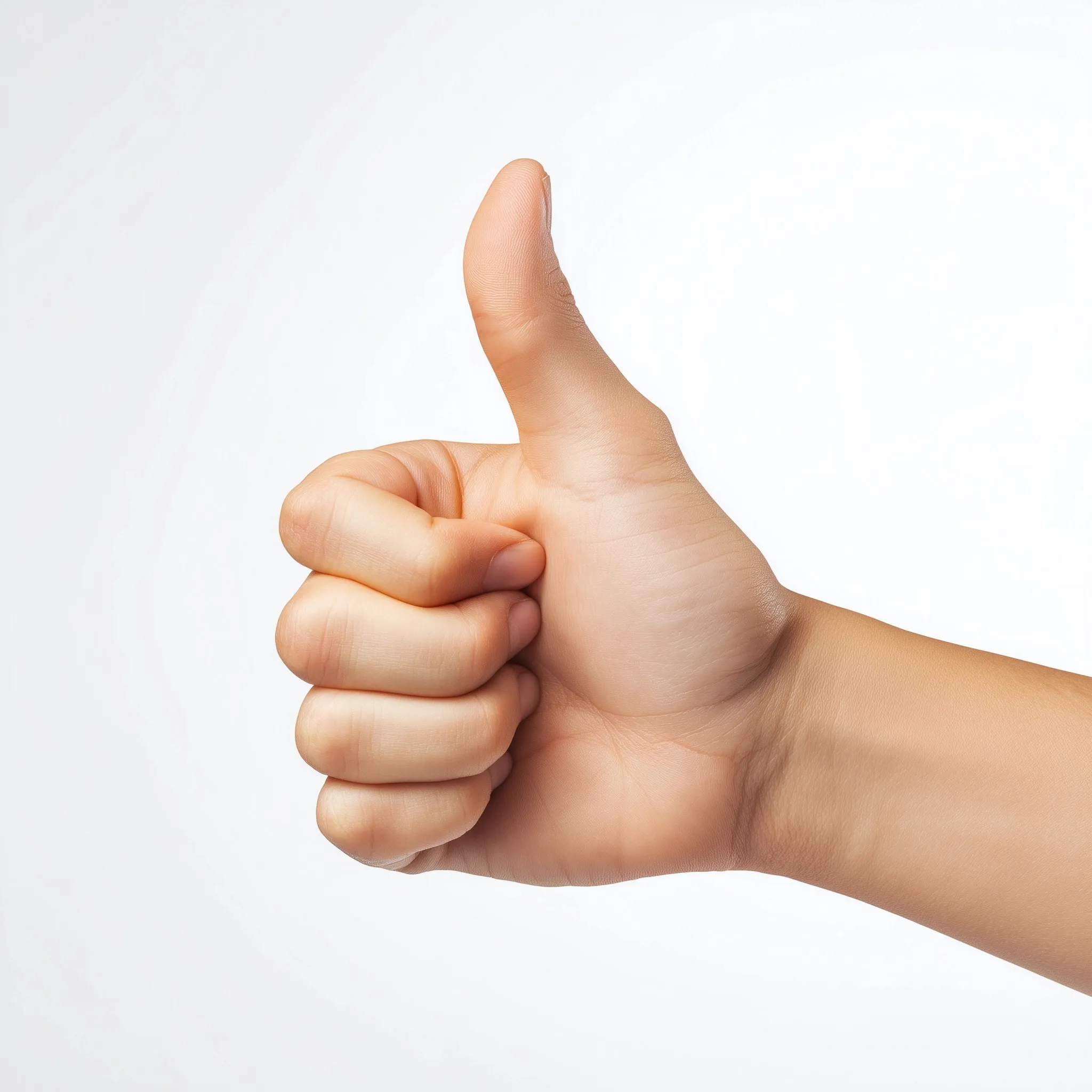 A human hand making a thumbs up gesture, isolated on a clean white background with professional studio lighting.