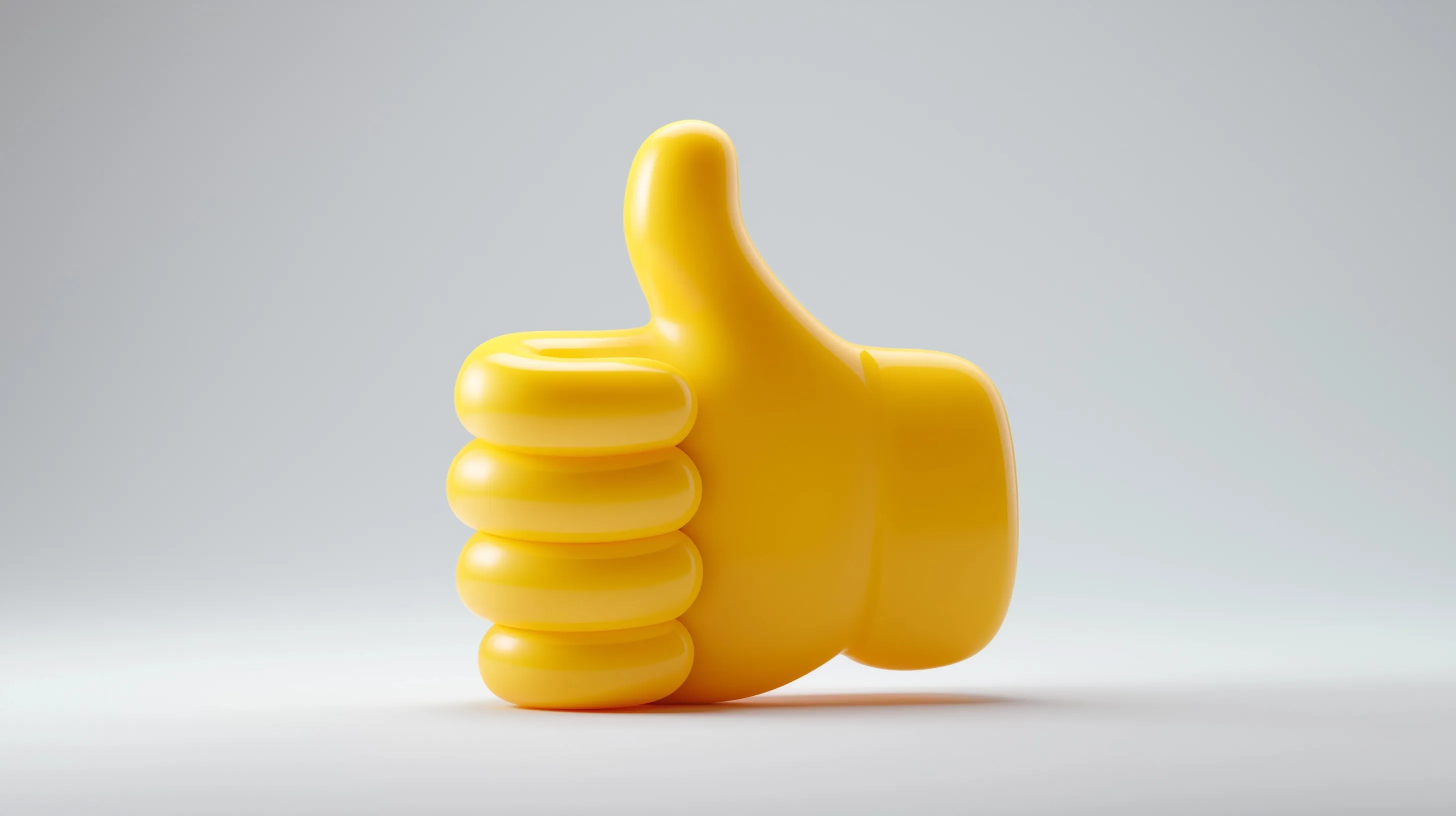 3D cartoon yellow thumbs up emoji with a glossy finish and soft edges isolated on a minimal white background.
